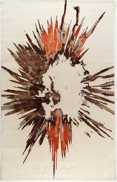 Modern Contemporary Area Rug in Ivory Orange, Handmade of Silk and Wool "Burst"