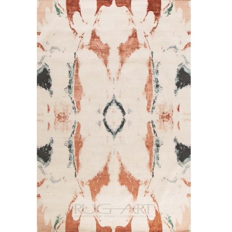 Hand-Knotted Modern Contemporary Area Rug in Ivory Red, Handmade of Silk and Wool, 