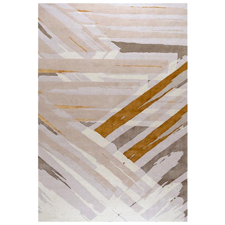 Modern Contemporary Area Rug in Ivory Orange, Handmade of Silk and Wool