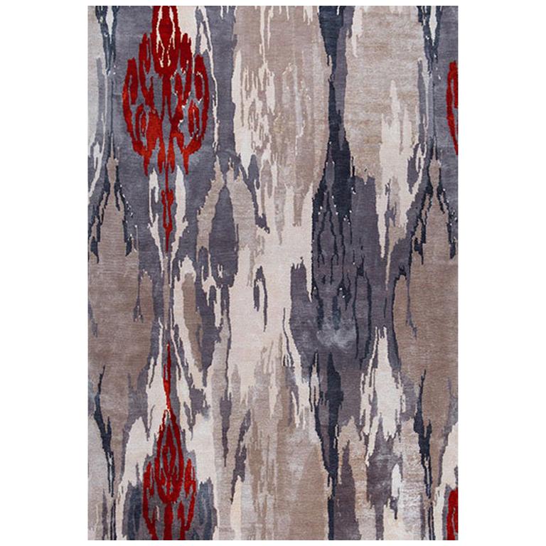Modern Contemporary Area Rug in Red Gray, Handmade of Silk and Wool, "Midnight"