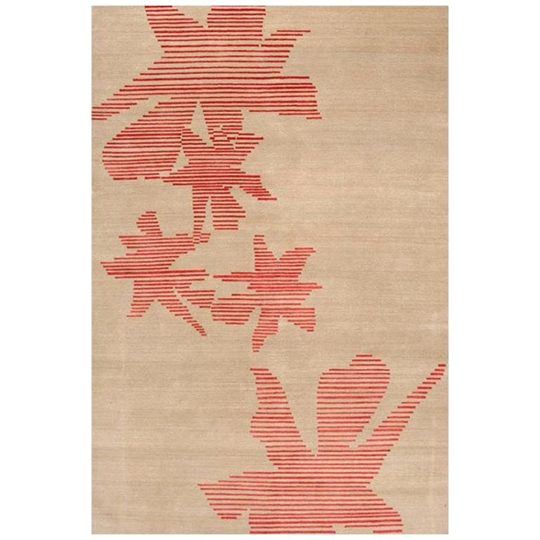 Modern Contemporary Area Rug in Red, Handmade of Silk and Wool, "Leafdrop" For Sale