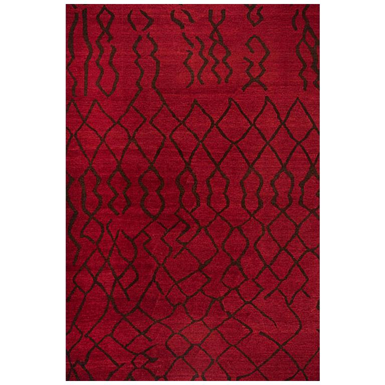 Modern Contemporary Area Rug in Red, Handmade of Wool, "Madrid" For Sale