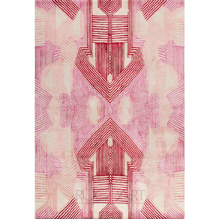 Hand-Knotted Modern Contemporary Area Rug in Red Pink Handmade of Silk and Wool, 