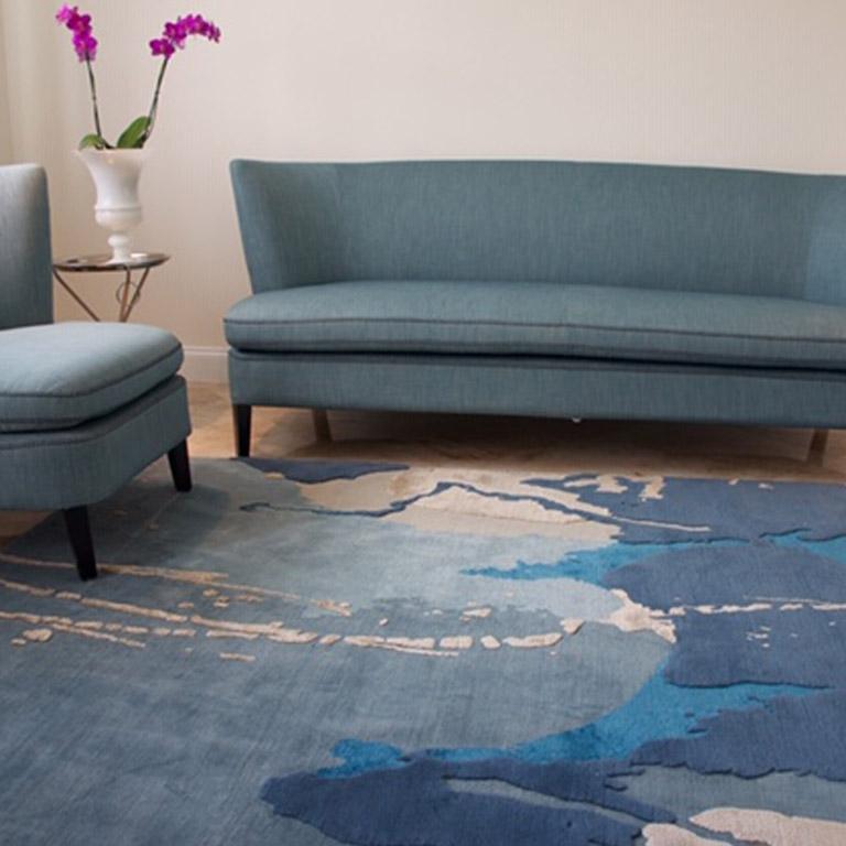 Modern Abstract Contemporary Area Rug in Blue, Handmade of Silk Pashmina Wool, 