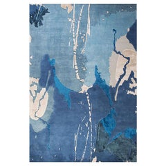 Vintage Abstract Contemporary Area Rug in Blue, Handmade of Silk Pashmina Wool, "Crush"