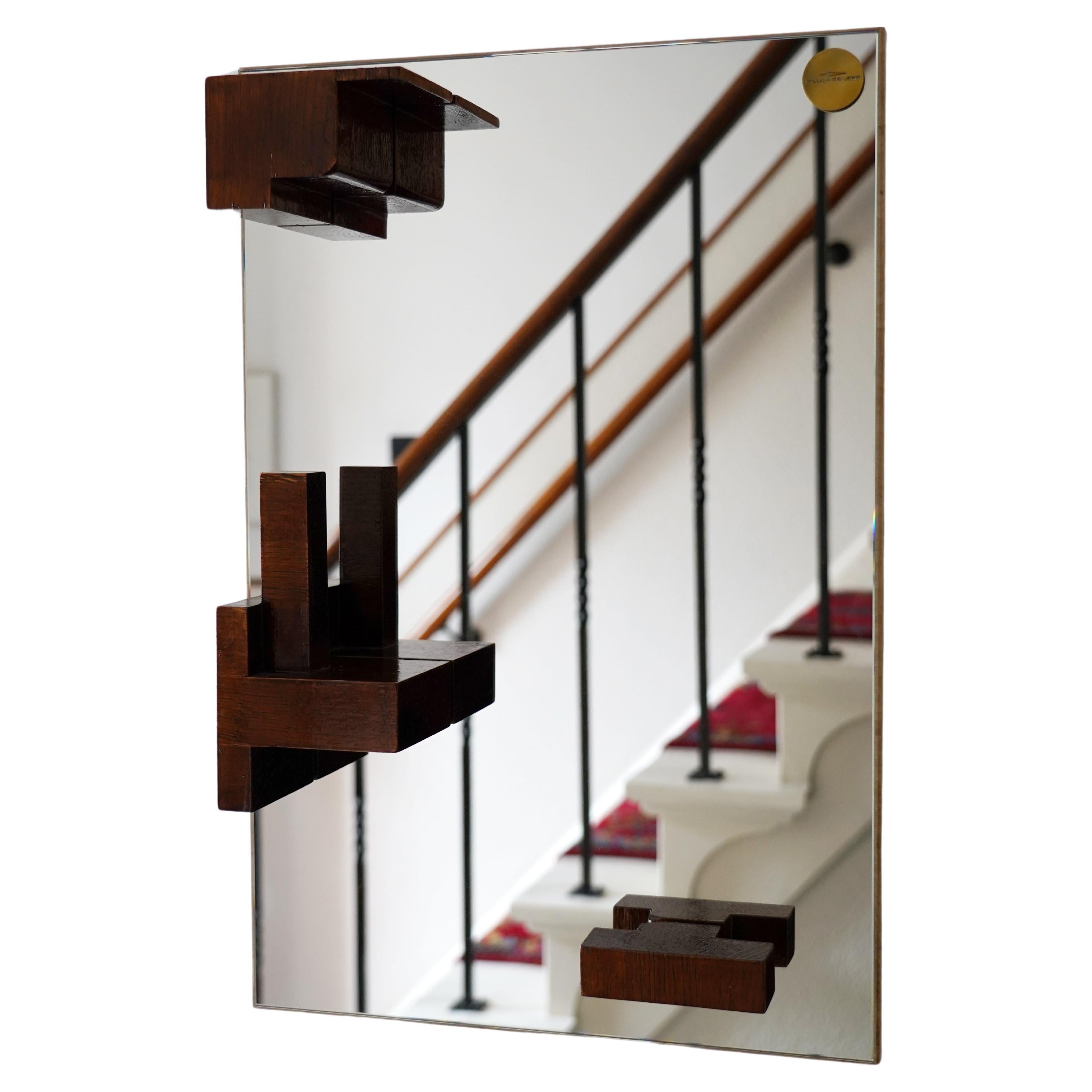 Modern contemporary art Dutch design wall mirror "The Float collection" oak wood For Sale