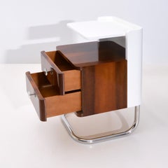 Modern Contemporary Bespoke Nightstand, High Gloss Lacquered Wood, Tubular Steel