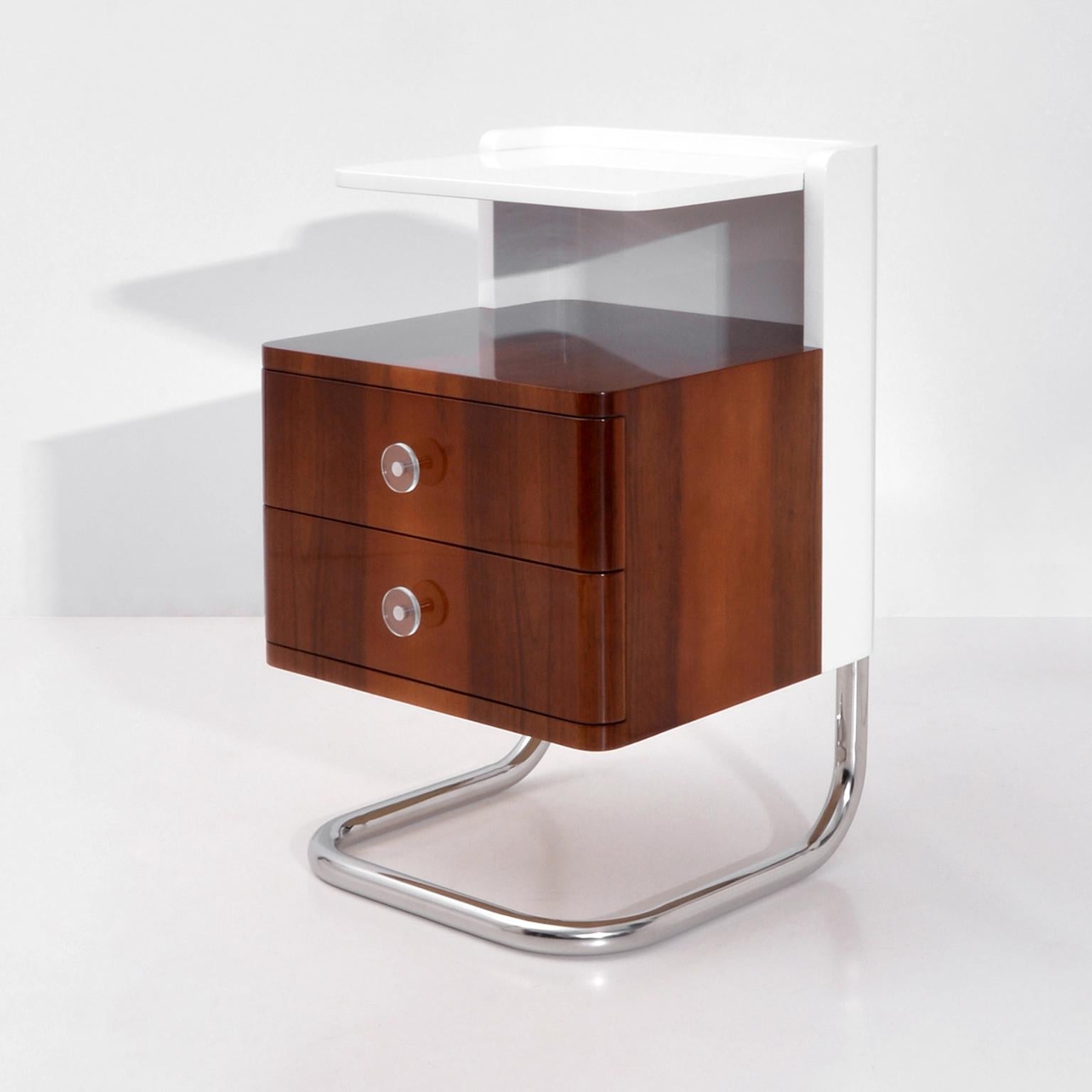 German Modern Contemporary Bespoke Nightstand, High Gloss Lacquered Wood, Tubular Steel For Sale