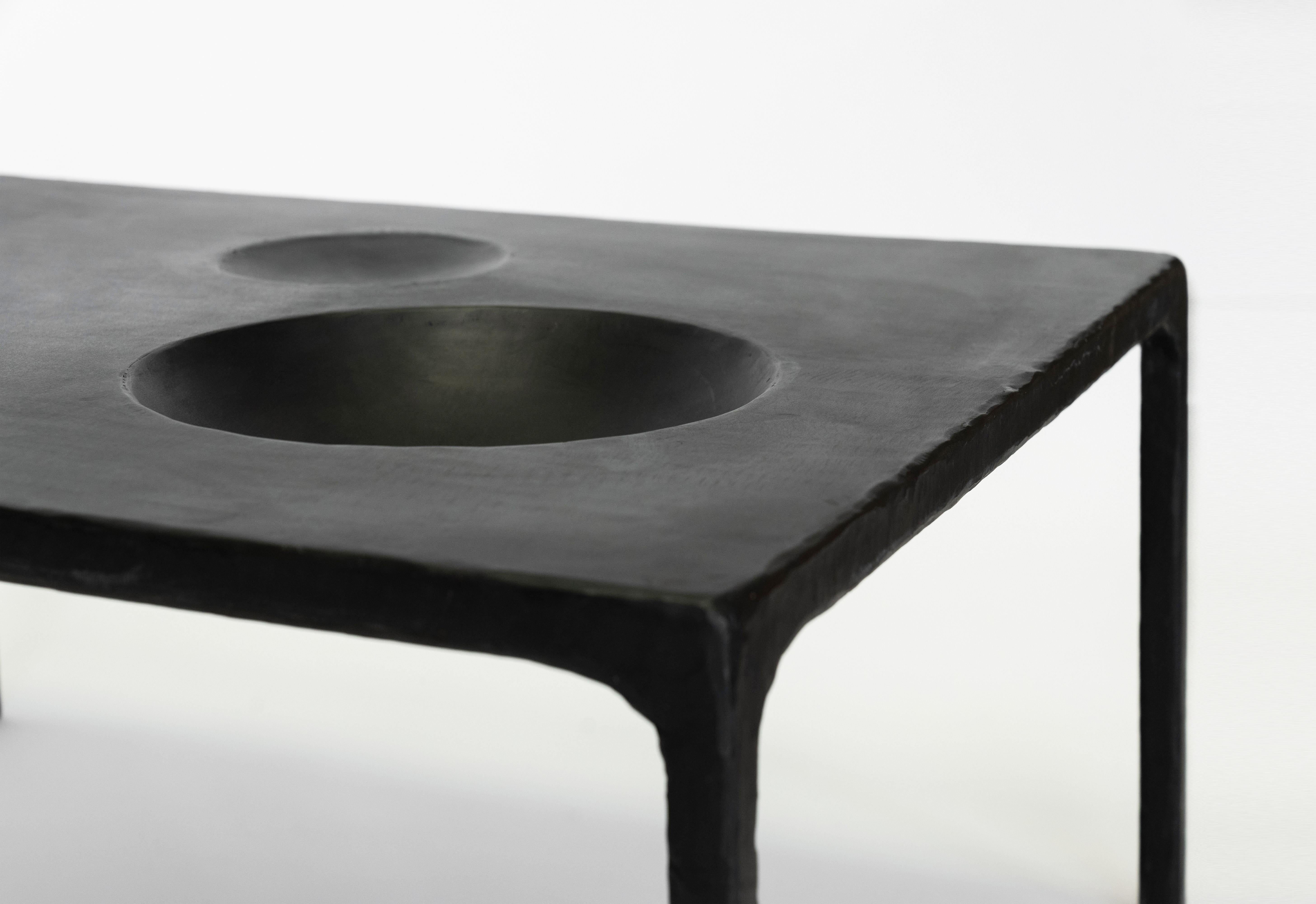 Carved Side/End Table Geometric Negative Space Voids Modern Blackened/Waxed Steel
