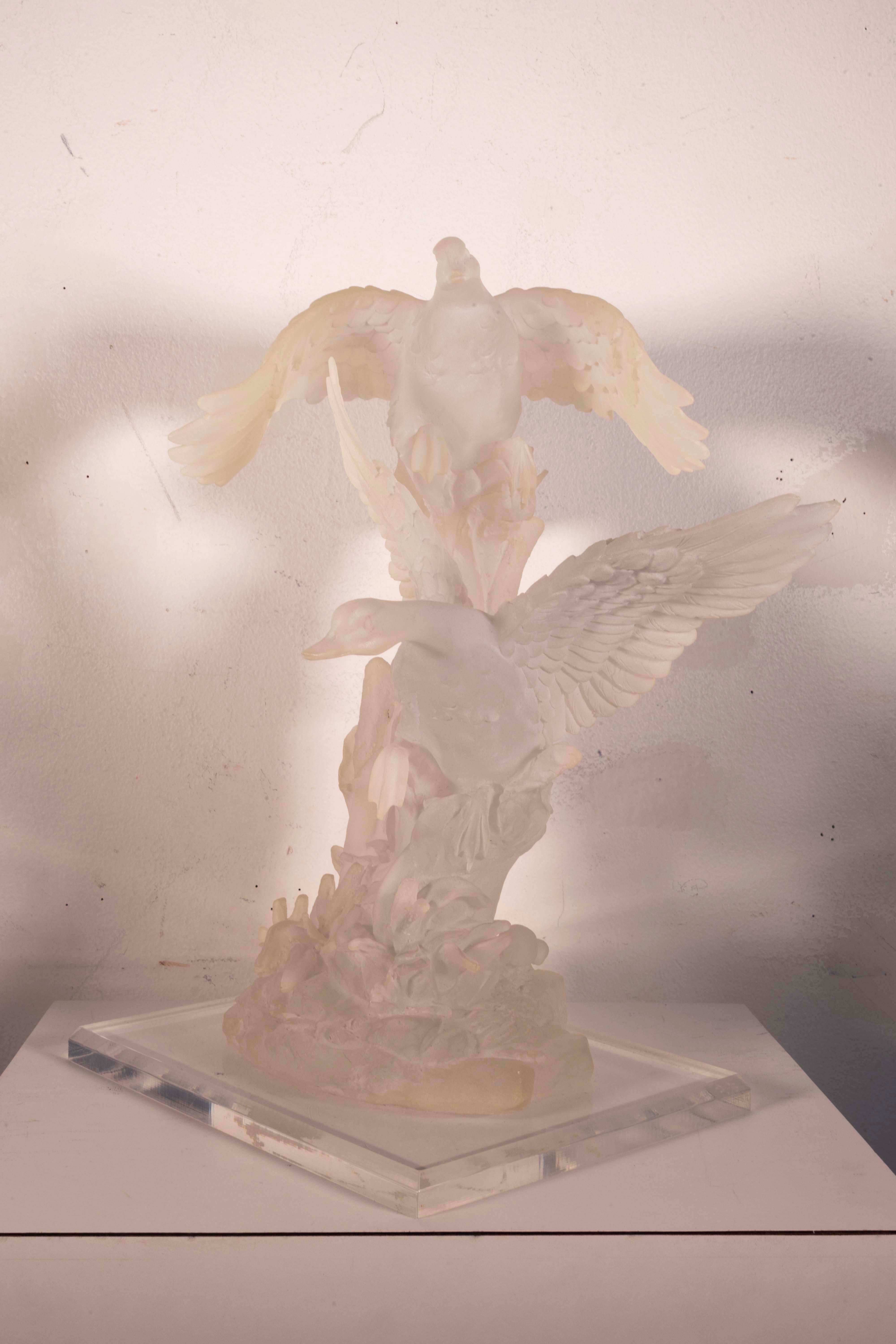 Unknown Modern Contemporary Carved Acrylic Geese in Flight Table Sculpture on Base For Sale