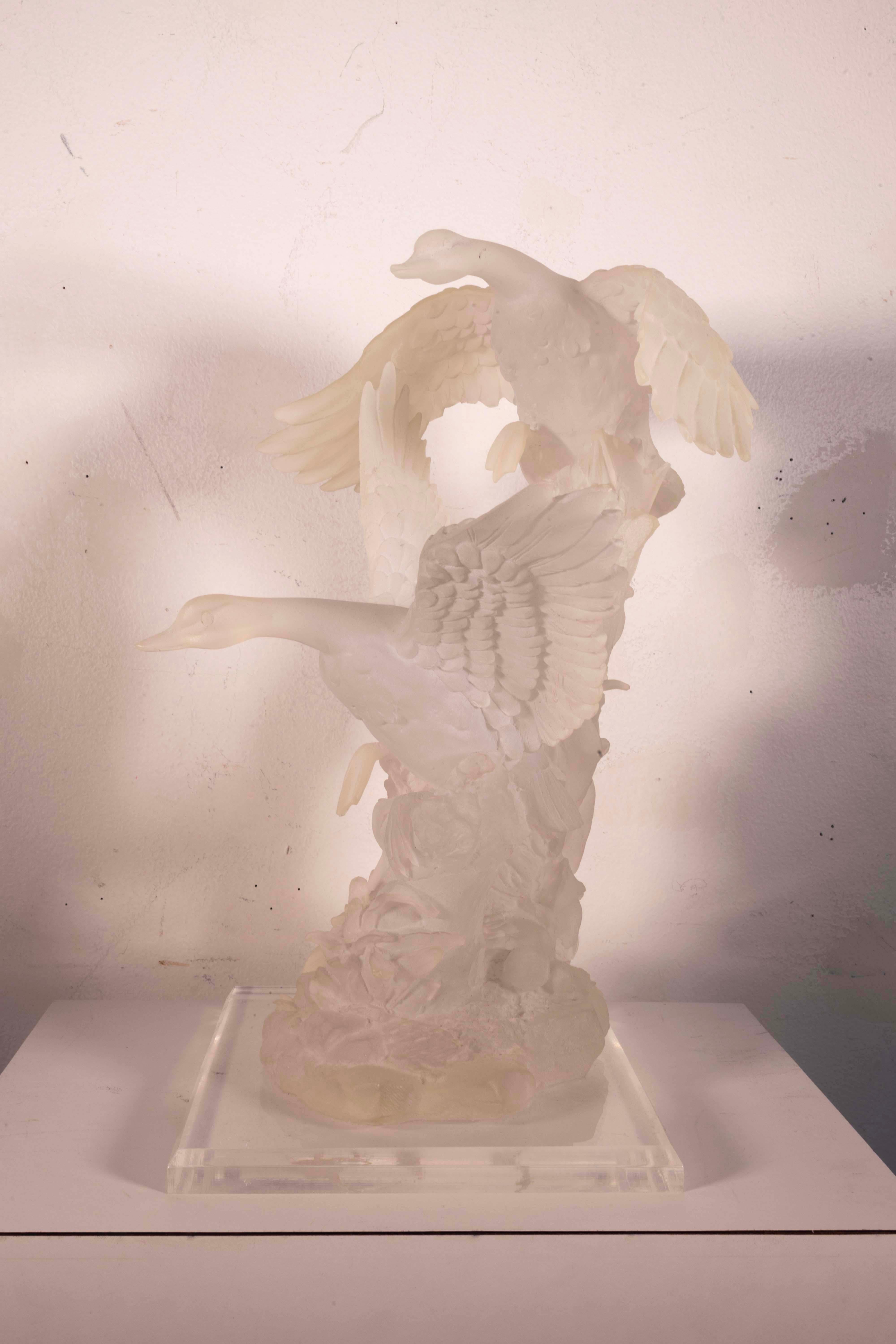 Modern Contemporary Carved Acrylic Geese in Flight Table Sculpture on Base In Good Condition For Sale In Keego Harbor, MI