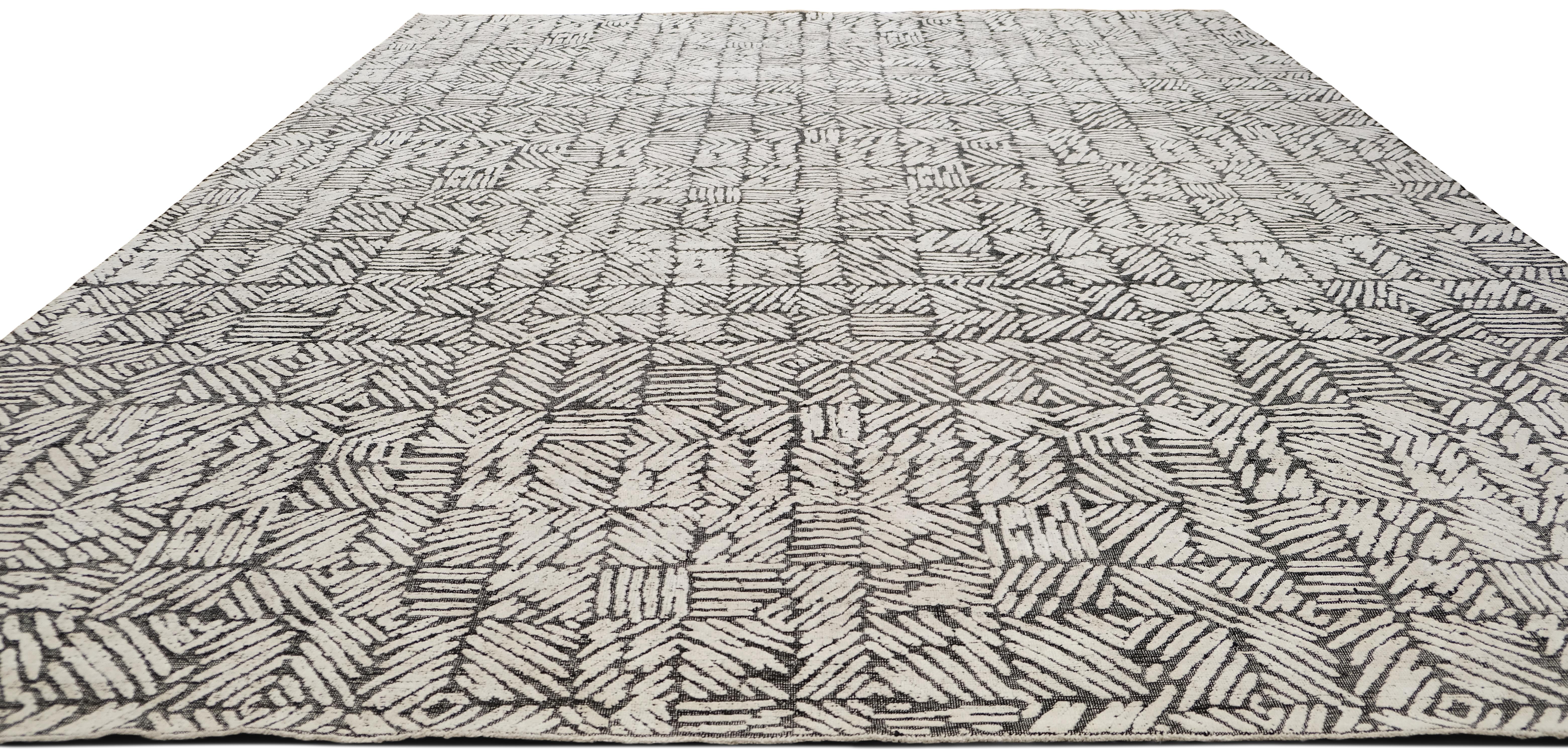 Alfombra Contemporánea Moderna de Mezcla de Lana Carbón y Marfil 12'5''x16'3'' Anudado a mano en venta