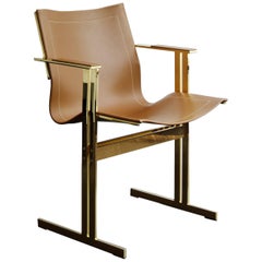 Modern Contemporary Dining/Office Chair Brown Leather and Gold Brass Plated