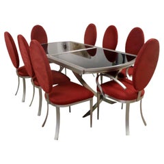 Modern Contemporary Extendable Brushed Chrome and Glass Dining Table & 8 Chairs