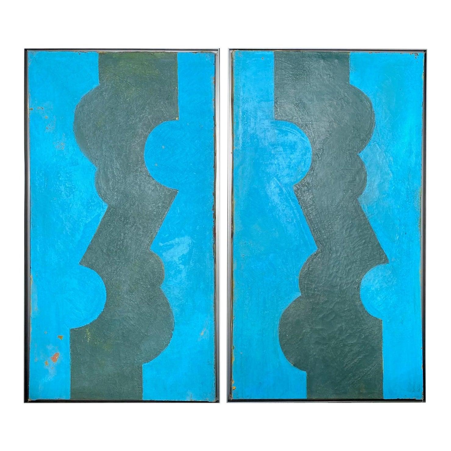 Modern Contemporary Geometric Blue and Green "Untitled" Paintings by Oscar Muril For Sale