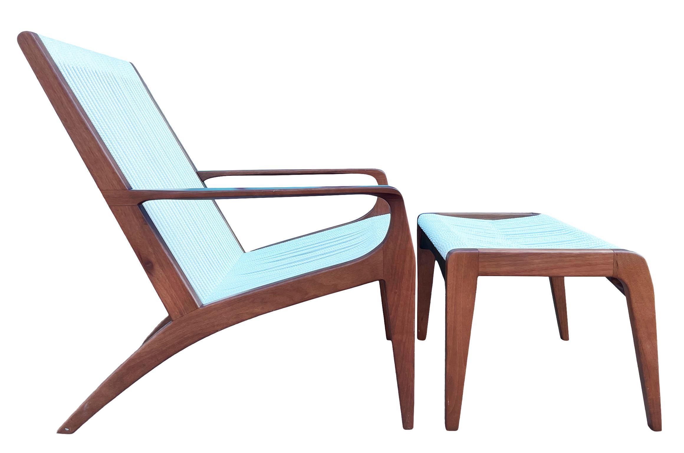 Modern Contemporary Gisele lounge chair and ottoman designed by Aristeu Pires. Manufactured by Sossego in Brazil. Cotton rope and wood. Marked under Stool. All original condition - Pre-owned Modern chair. Modern lounge chair by Aristeu Pires
