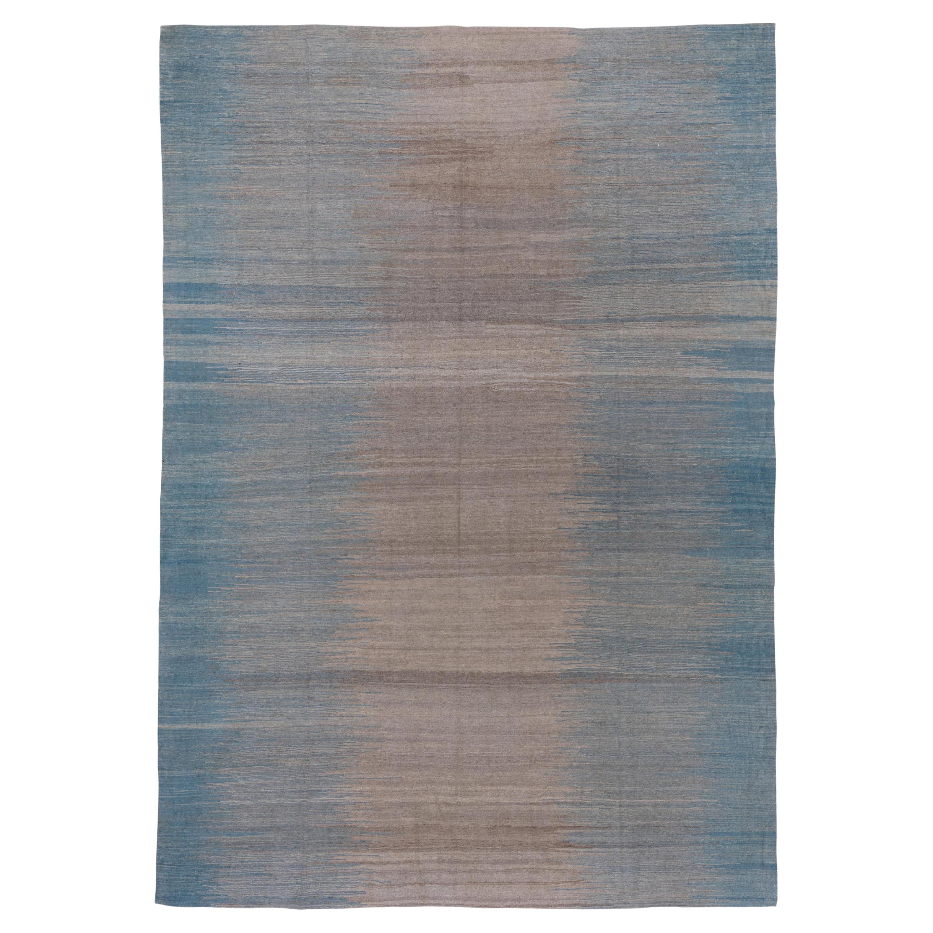 Modern & Contemporary Handwoven Flatweave Rug, Light Blue & Brown & Gray Palette For Sale