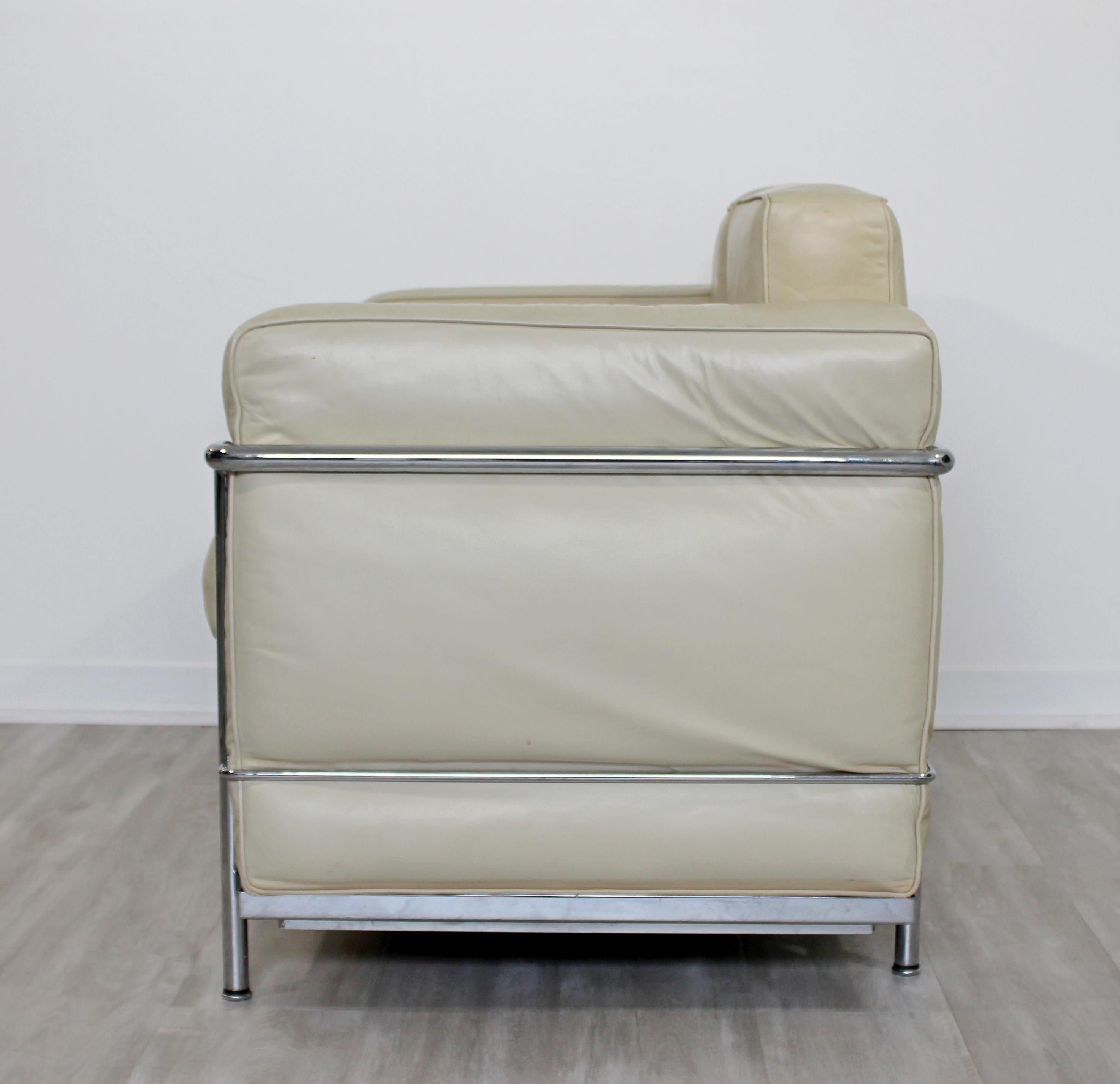 Italian Modern Contemporary Le Corbusier Cream Leather and Chrome Loveseat Sofa Italy