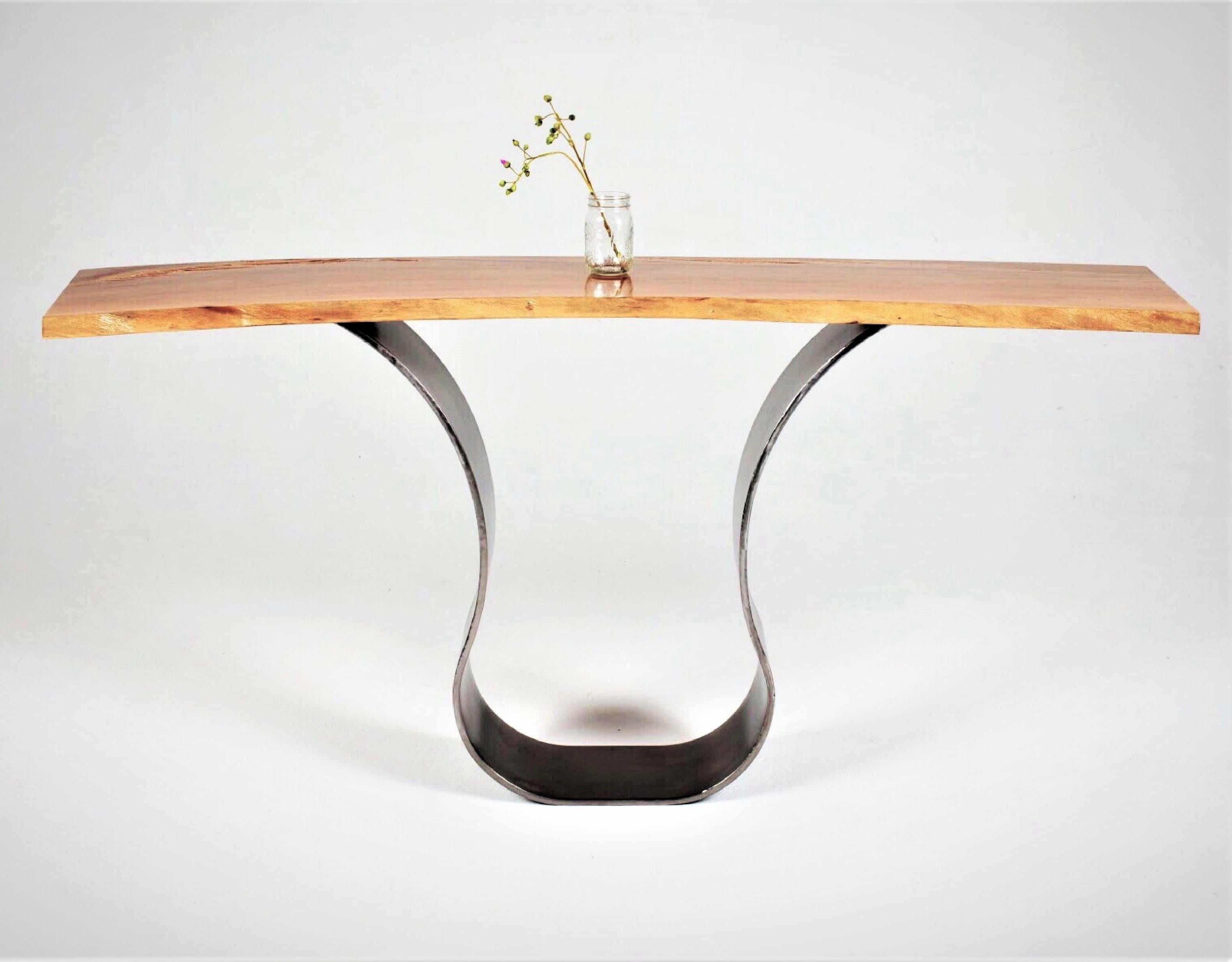 American Modern Contemporary Live Edge Slab and Steel Base Console Table by Carlo Stenta For Sale
