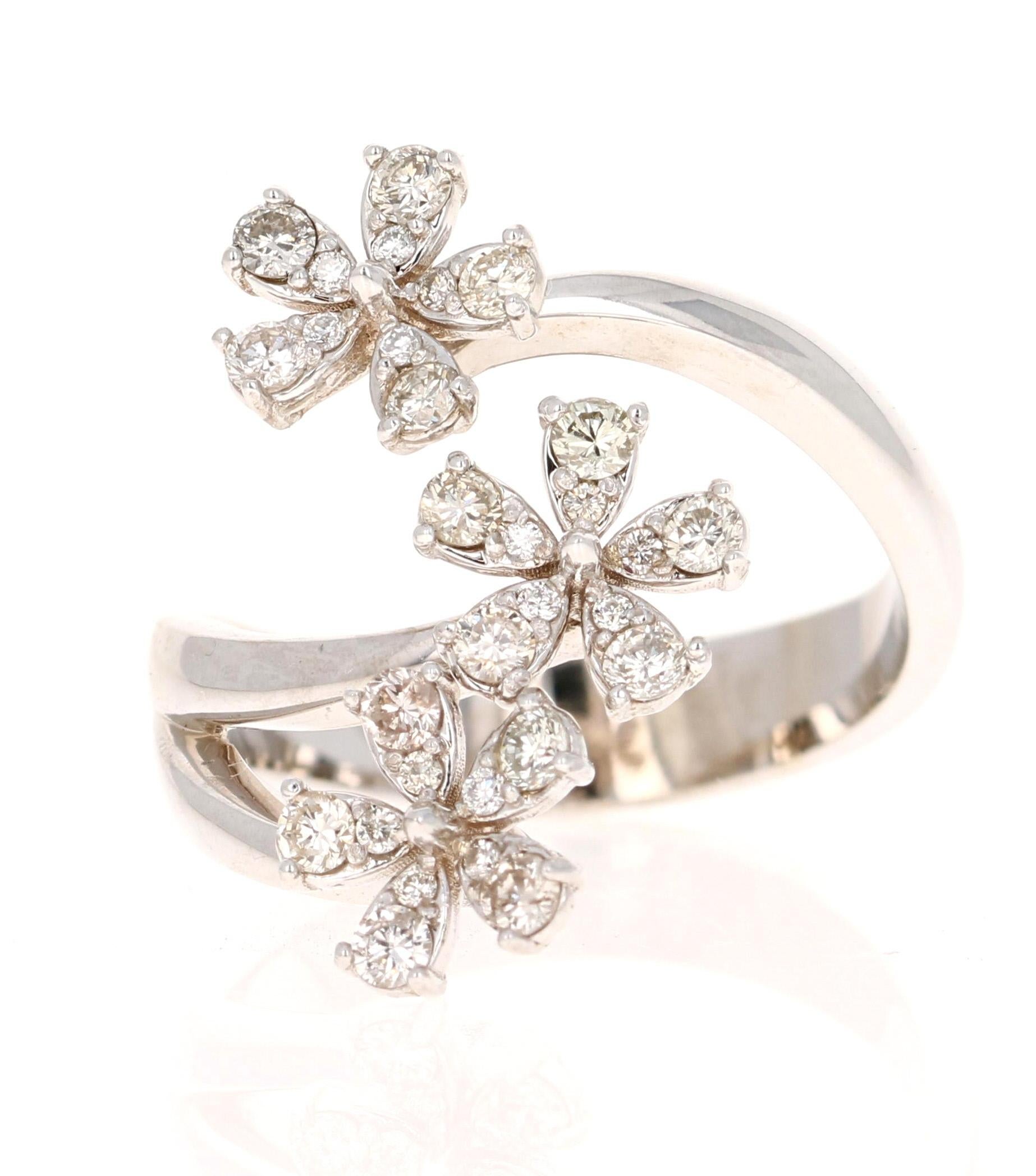 Round Cut Modern Contemporary Natural Diamond Flower 0.63 Carat White Gold Statement Ring For Sale