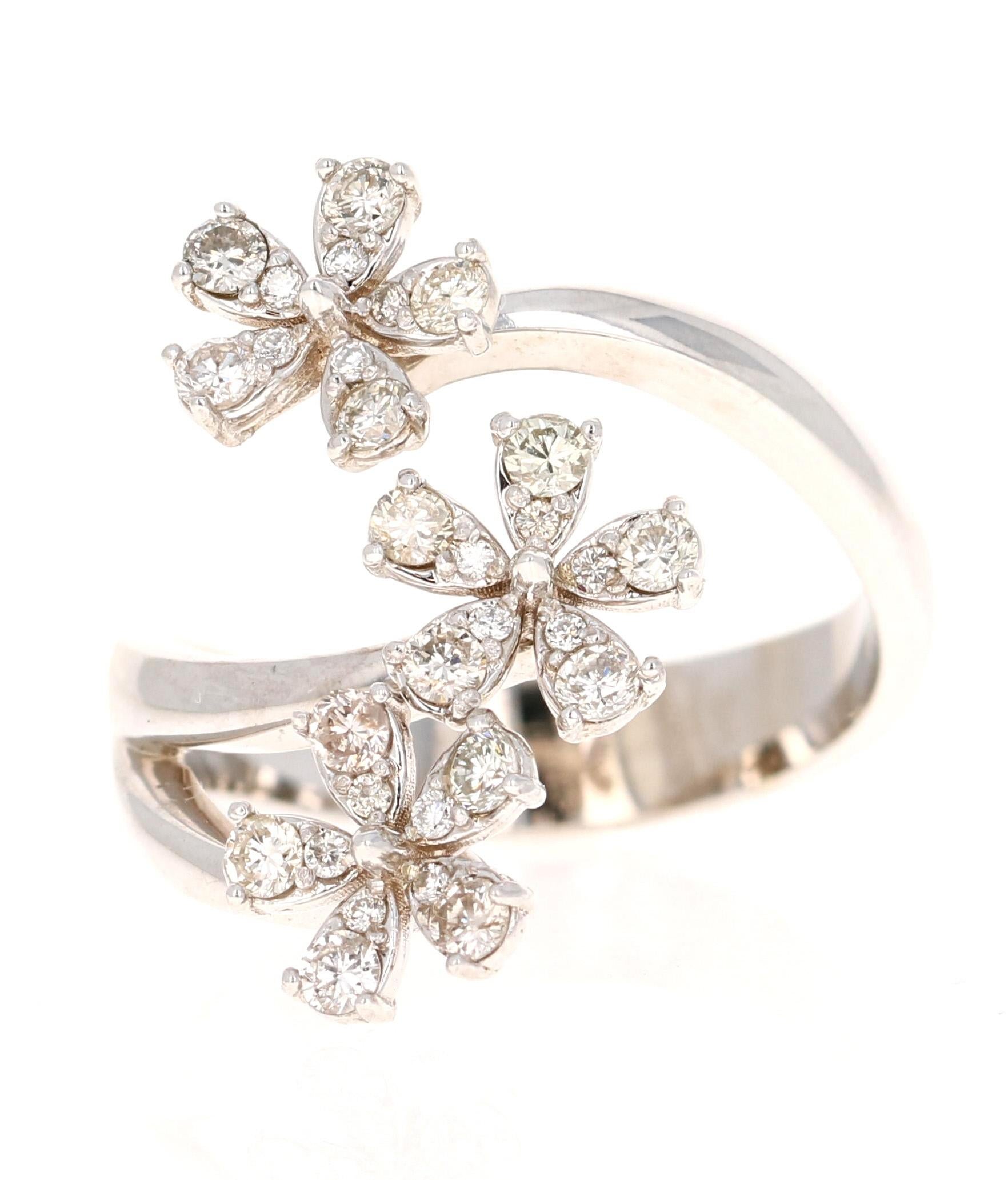 Modern Contemporary Natural Diamond Flower 0.63 Carat White Gold Statement Ring In New Condition For Sale In Los Angeles, CA