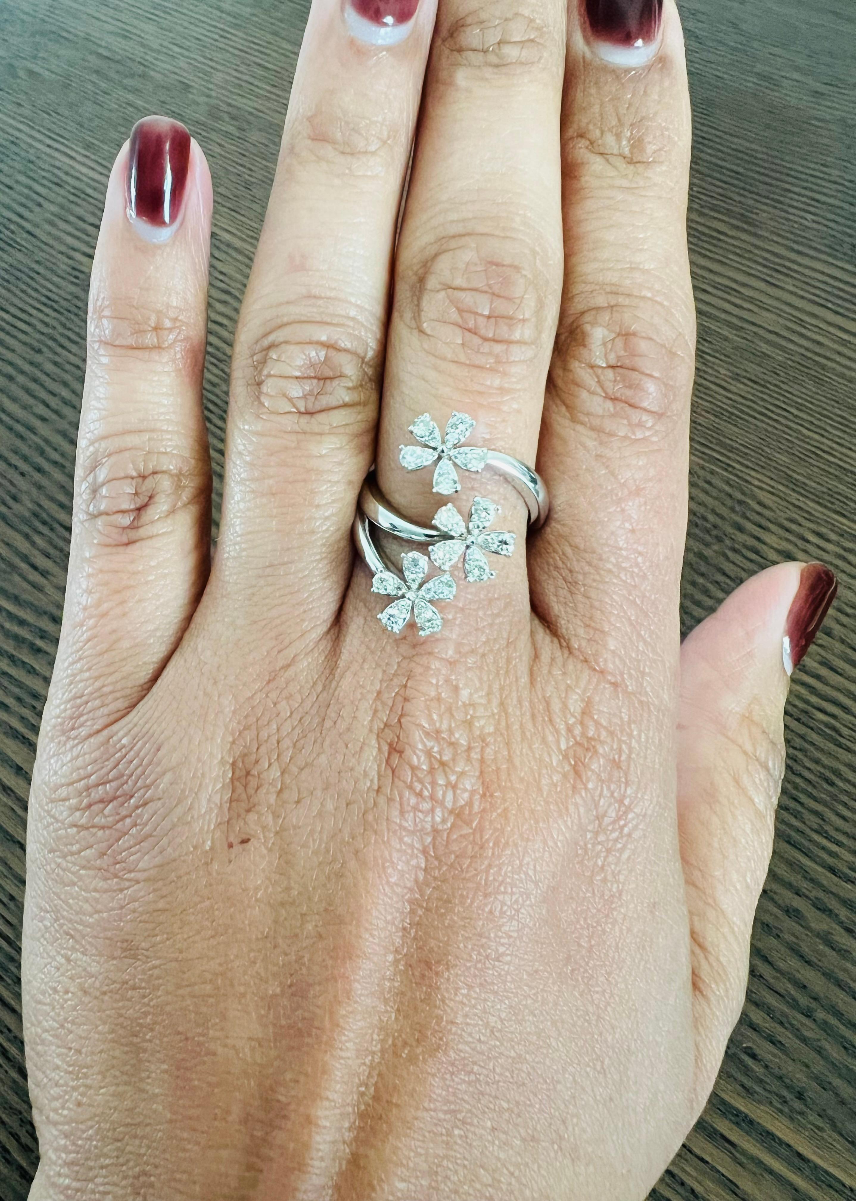 Modern Contemporary Natural Diamond Flower 0.63 Carat White Gold Statement Ring For Sale 3