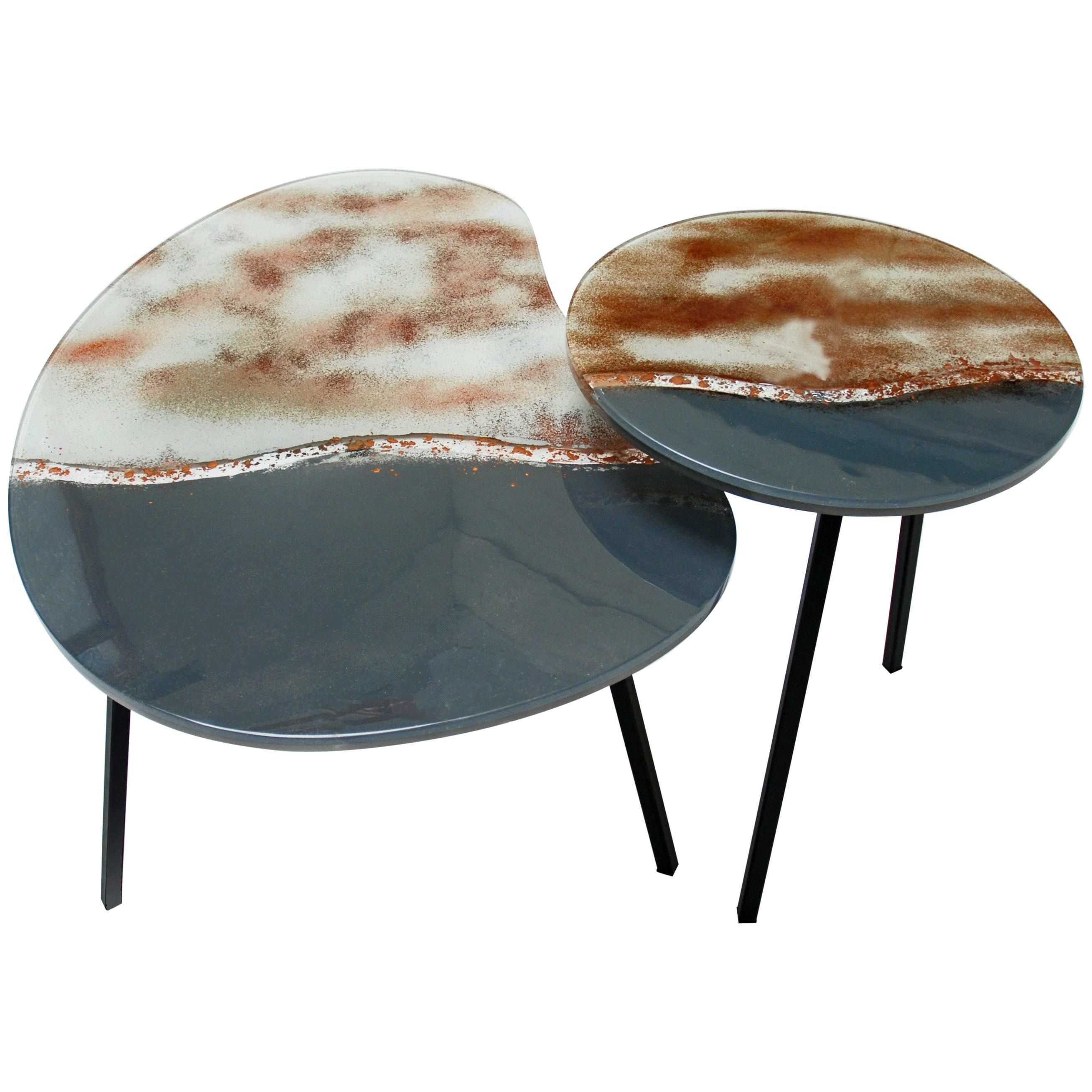 Modern Contemporary Round Coffee Tables Murano Glass in Grey, Brown and White