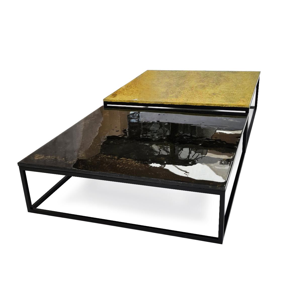 Polish Modern Contemporary Square Coffee Tables Fusing Murano Glass in Gold, Black For Sale