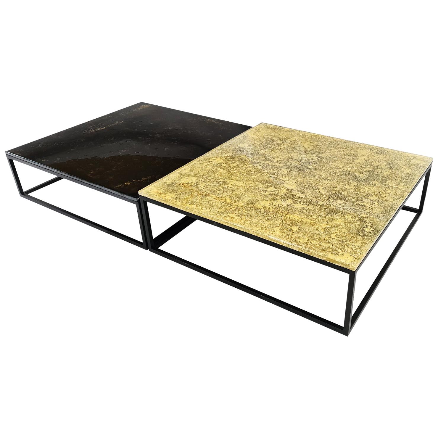 Modern Contemporary Square Coffee Tables Fusing Murano Glass in Gold, Black For Sale