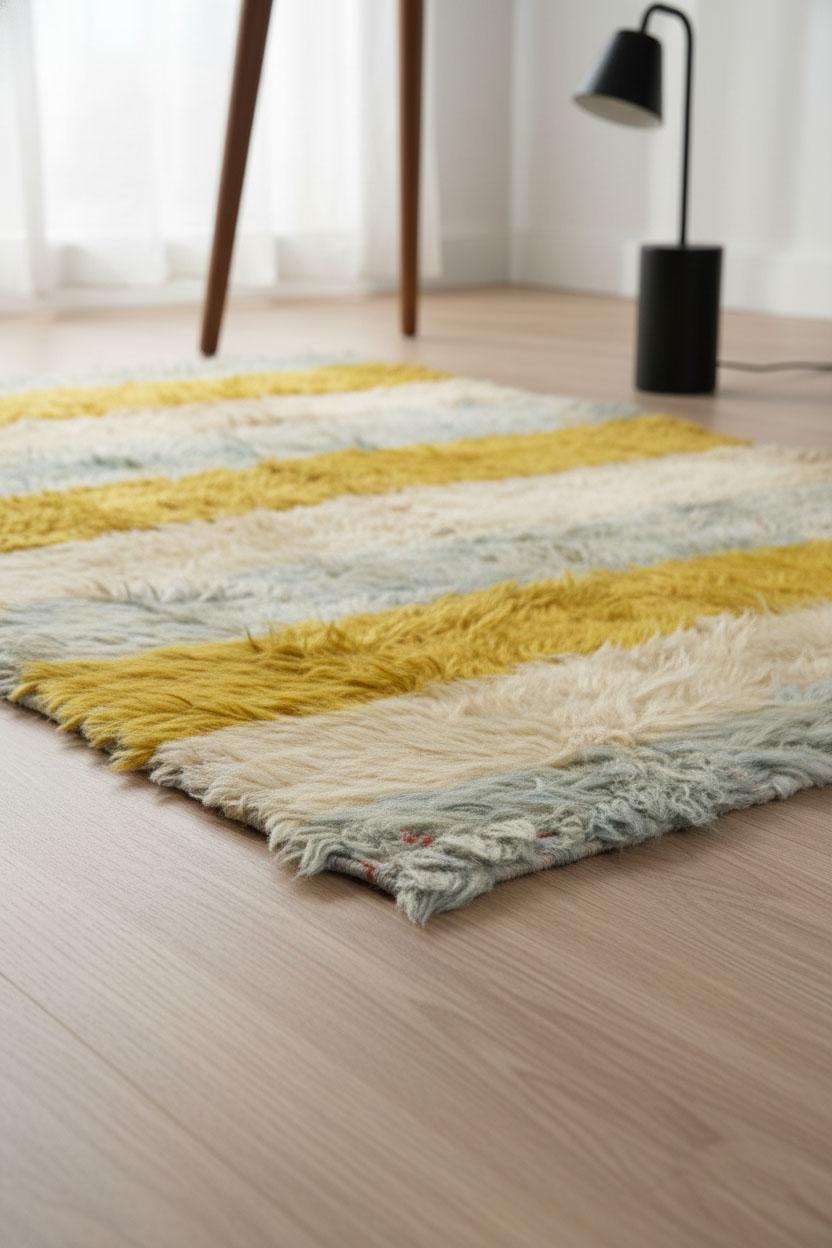 Dieser moderne Wollkelim zeigt eine saubere Streifenkomposition, die durch abwechselnde Streifen in goldenem Senf, blassem Gletscherblau und warmem Elfenbein definiert wird. Er ist in Flachgewebe-Technik auf Wollbasis gewebt, hat keinen Flor und ist