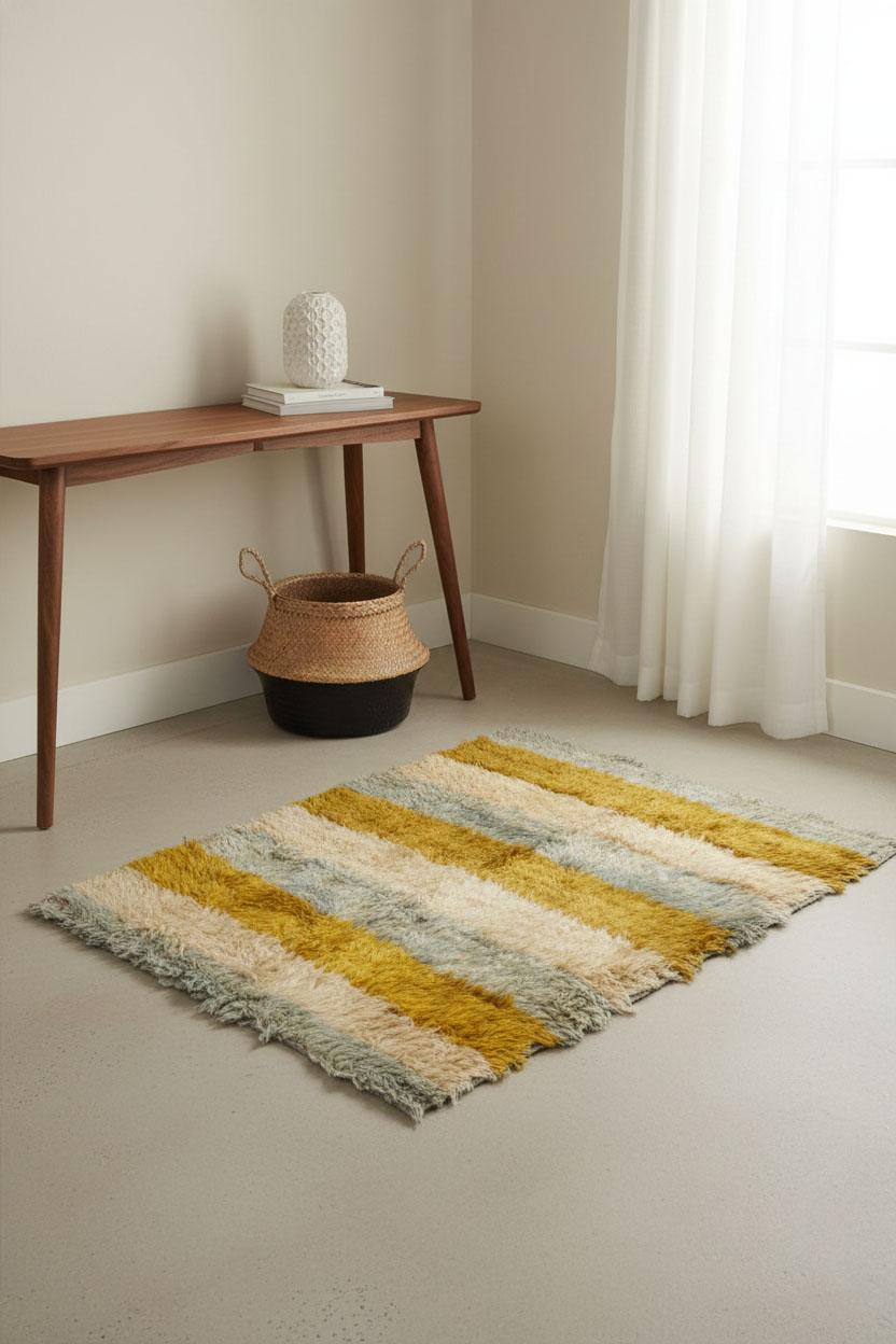 Moderner / Zeitgenössischer gestreifter Wollteppich, 4 ft × 5 ft, Senf und Blau (Volkskunst) im Angebot