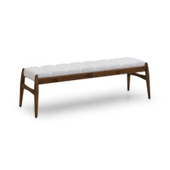 Modern Contemporary Two-Seater Bench Brown Walnut Wood and White Fabric - Wave