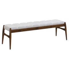 Modern Contemporary Two-Seater Bench Brown Walnut Wood and White Fabric - Wave