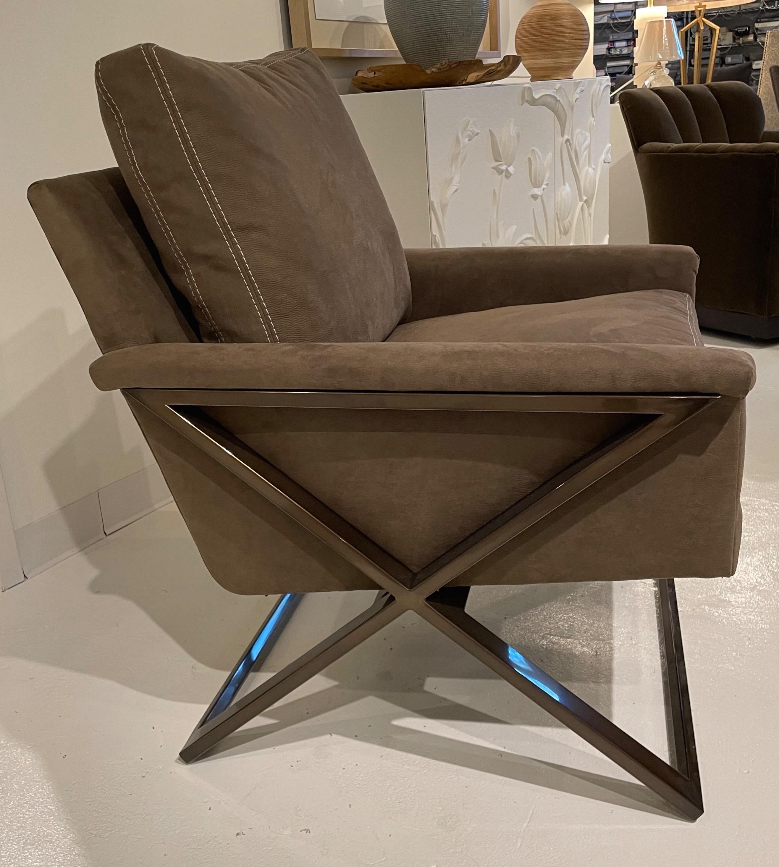 Showroom New - Contemporary - Modern - Transitional Chair with Metal X-Base in a dark bronze finish. Covered in a brown/taupe faux suede that is not only beautiful, but durable and easily cleaned. Spills are not a problem and easily wiped up. French