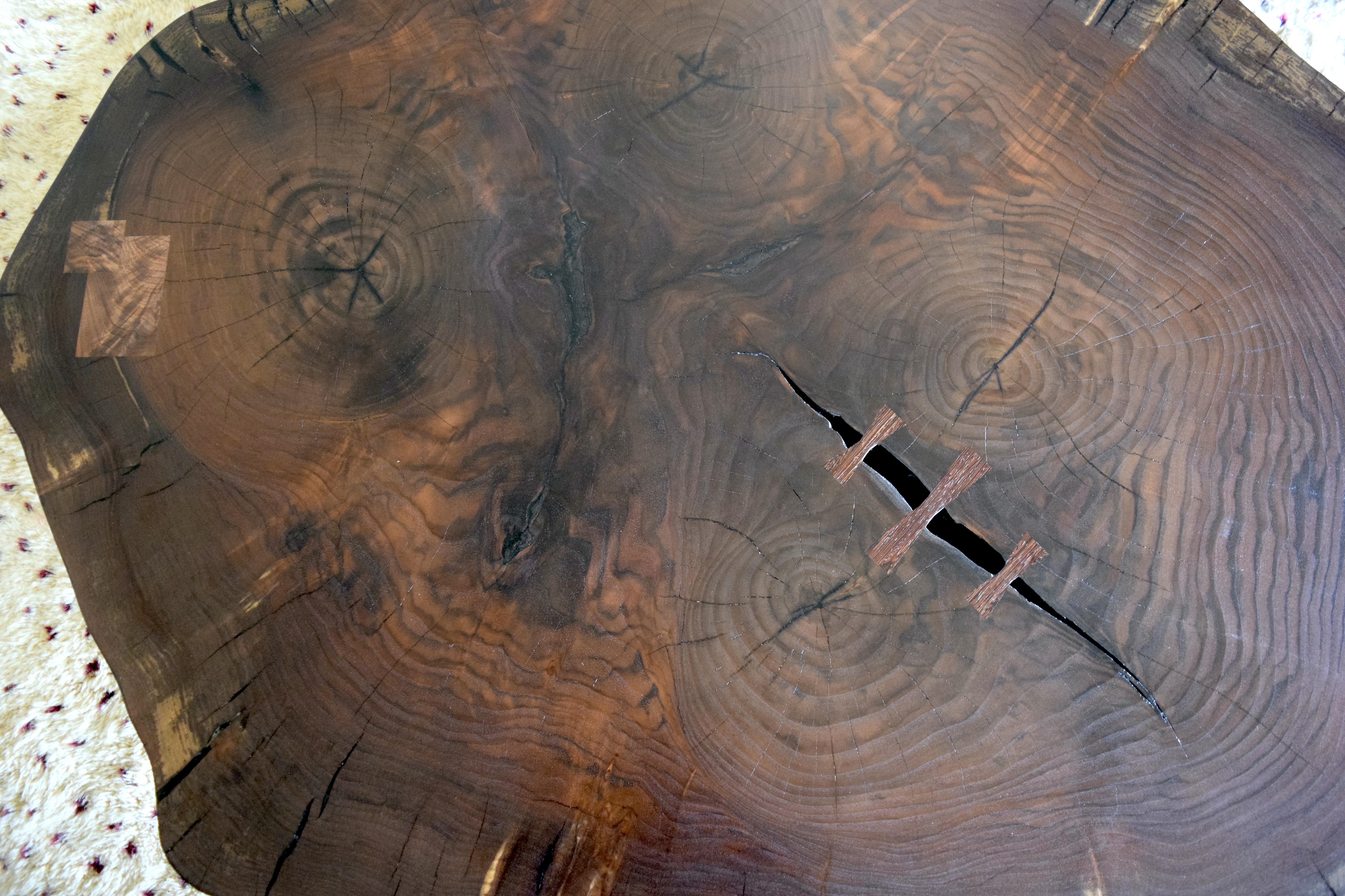 American Modern Cookie Slab Coffee Table with Large Turned Legs and Wenge Butterflies For Sale
