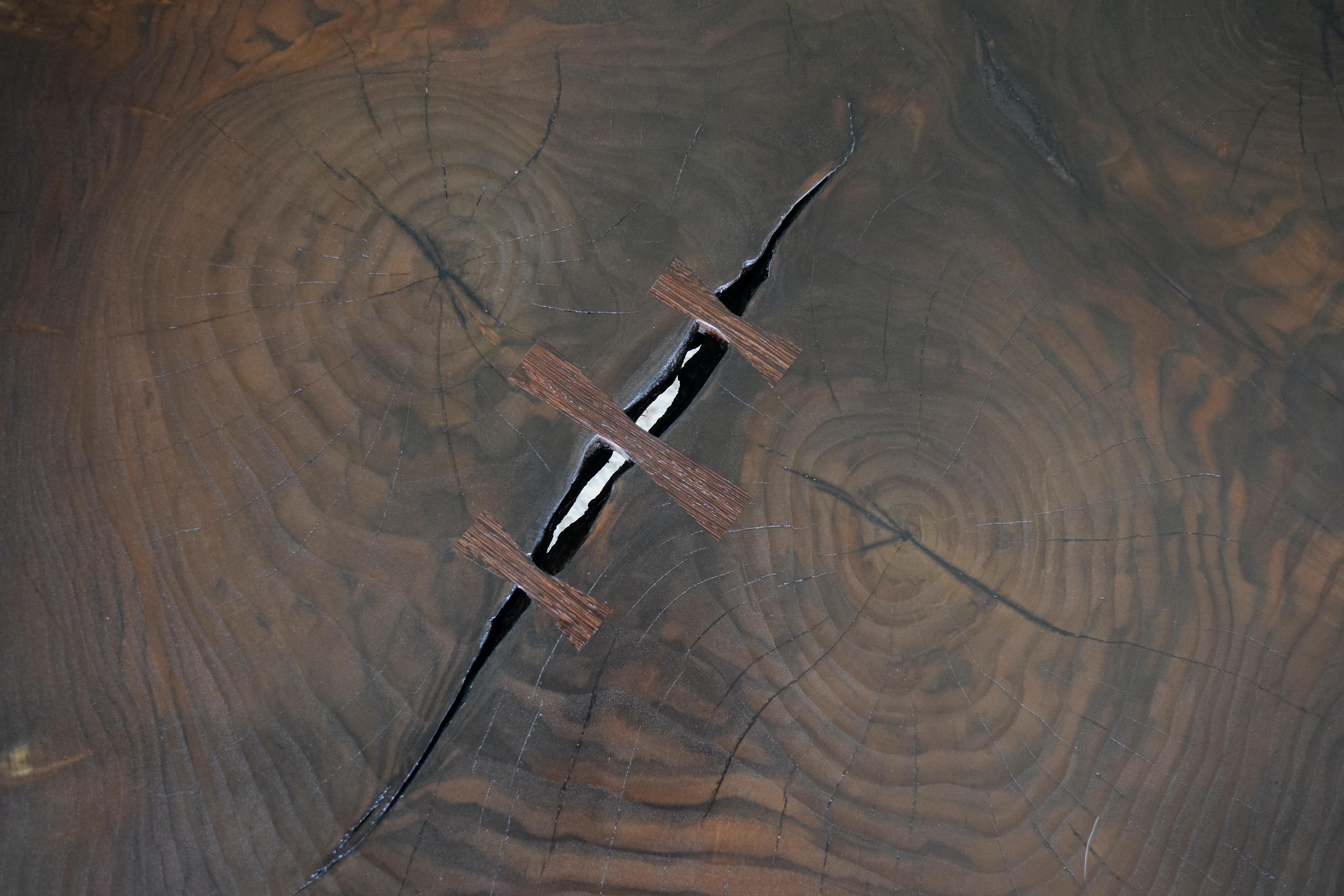 Inlay Modern Cookie Slab Coffee Table with Large Turned Legs and Wenge Butterflies For Sale