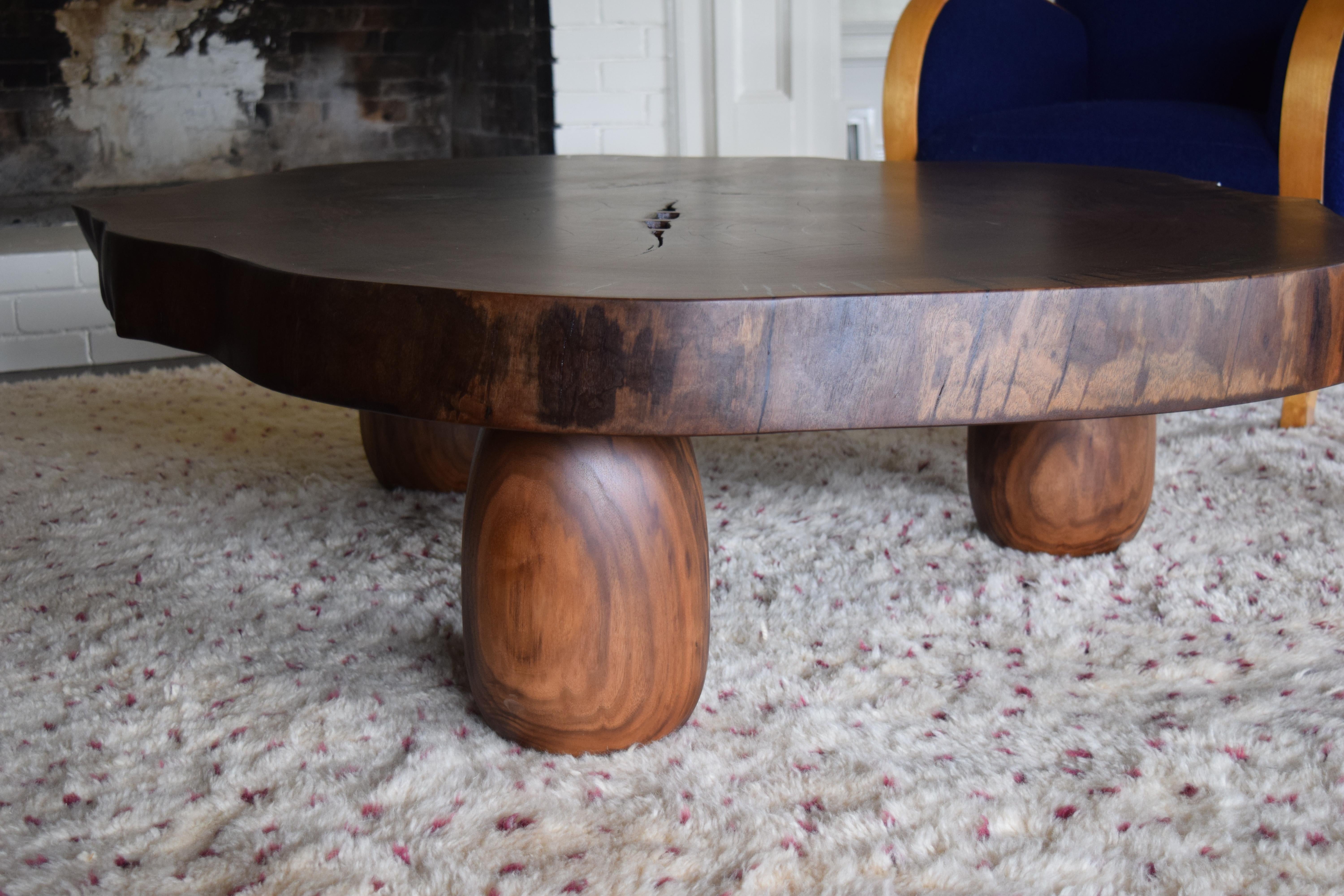Contemporary Modern Cookie Slab Coffee Table with Large Turned Legs and Wenge Butterflies For Sale
