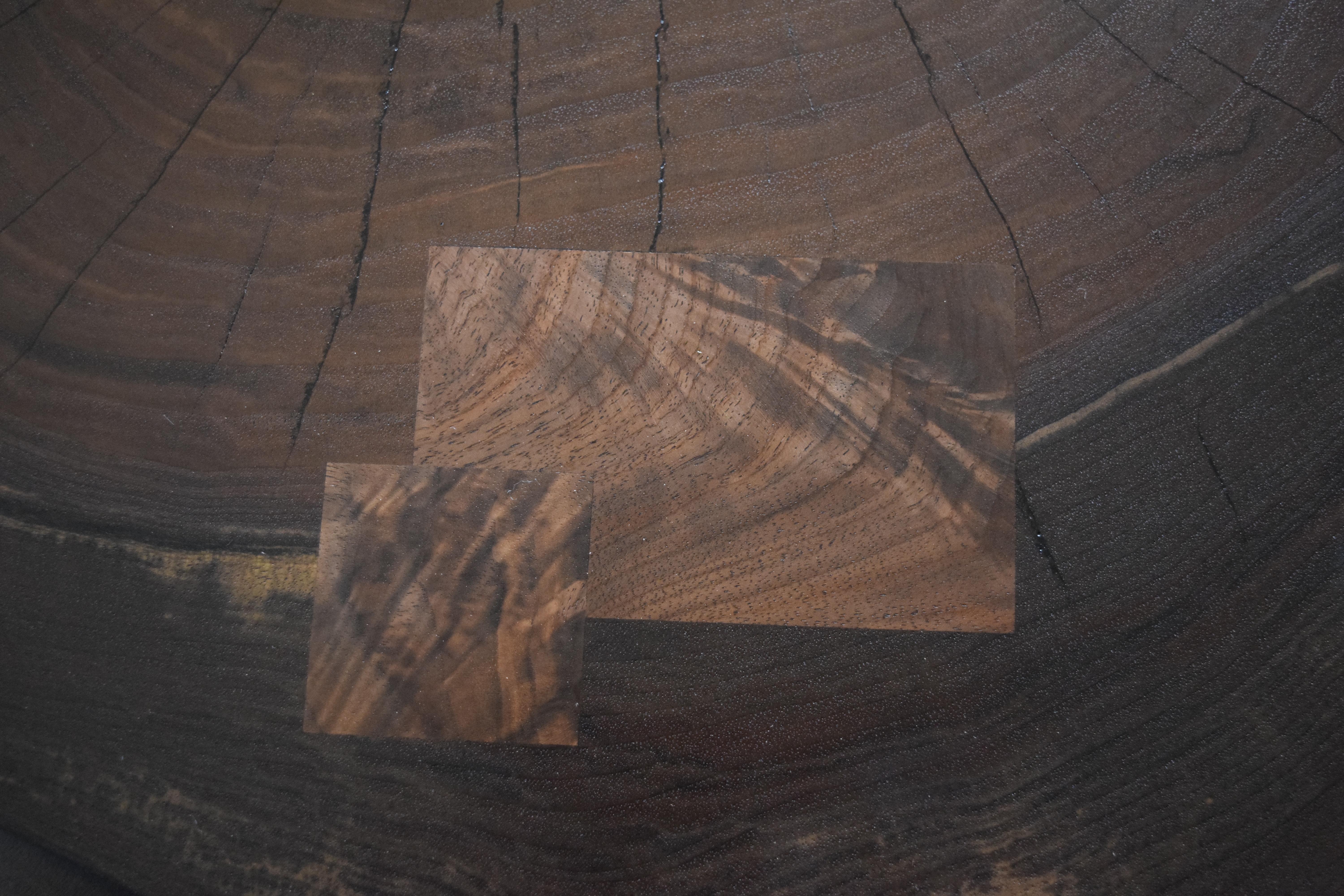 Walnut Modern Cookie Slab Coffee Table with Large Turned Legs and Wenge Butterflies For Sale