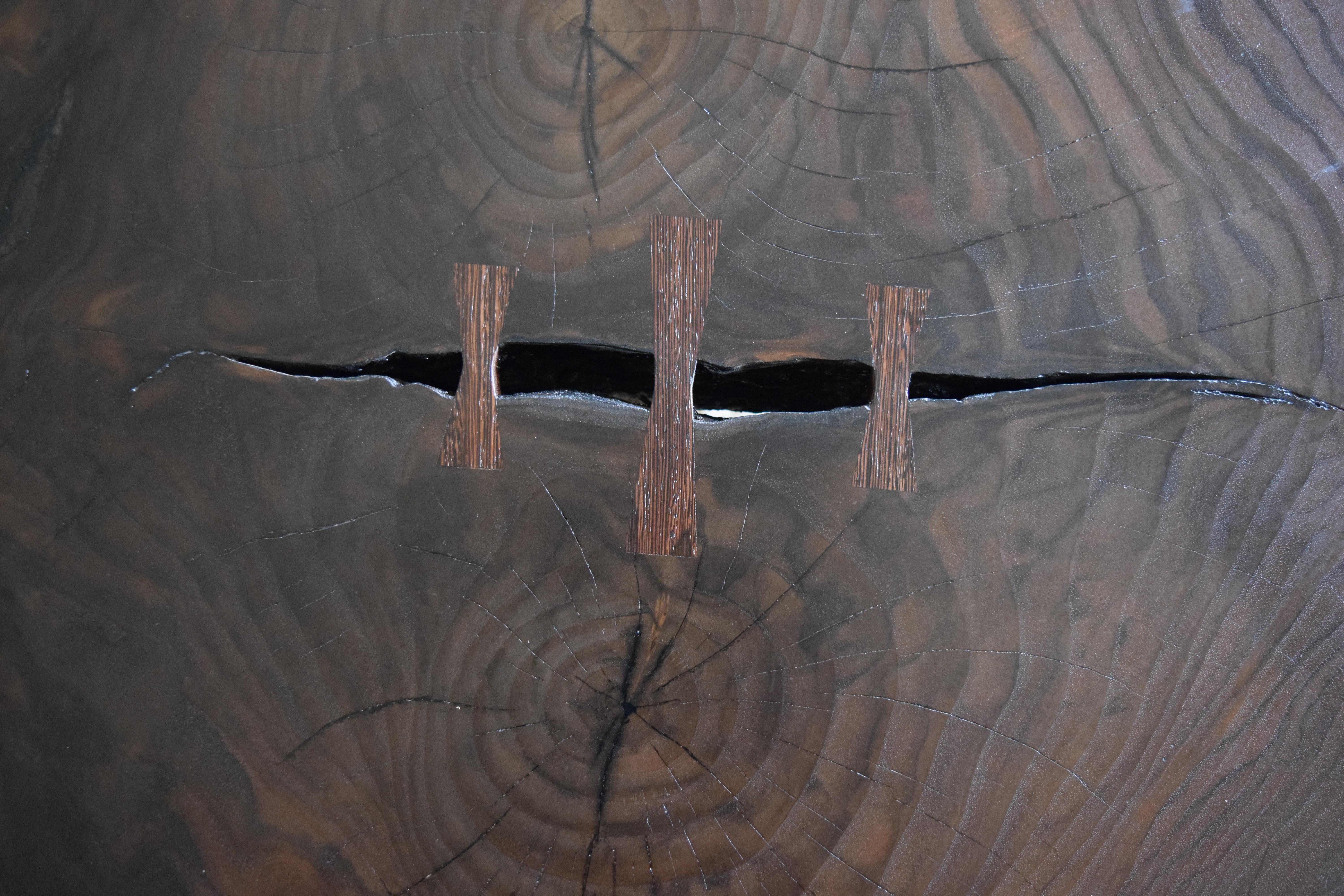 Modern Cookie Slab Coffee Table with Large Turned Legs and Wenge Butterflies For Sale 1
