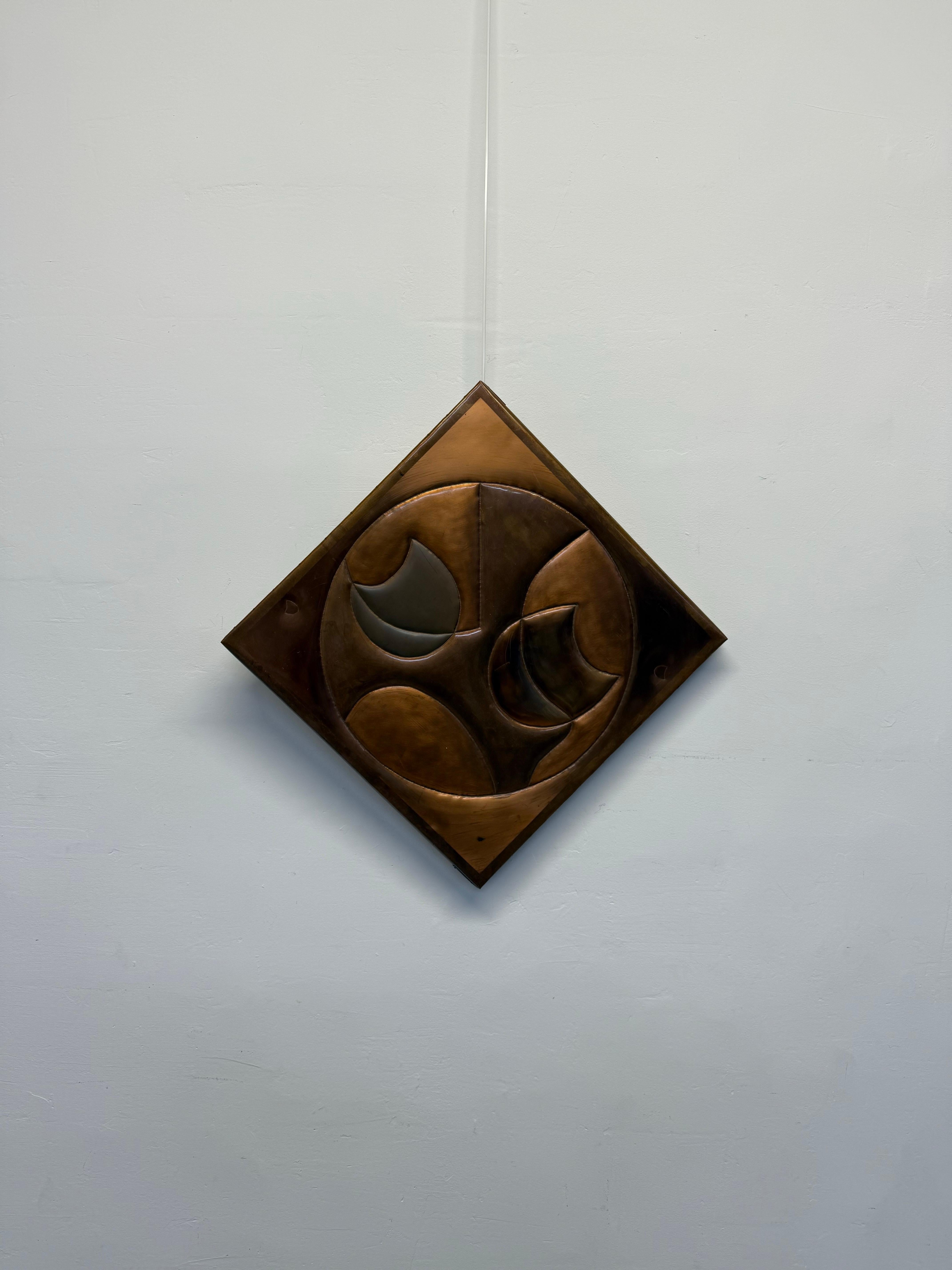 Mid-Century Modern Modernity Copper Abstract Wall Art Sculpture Signed Green '77 en vente