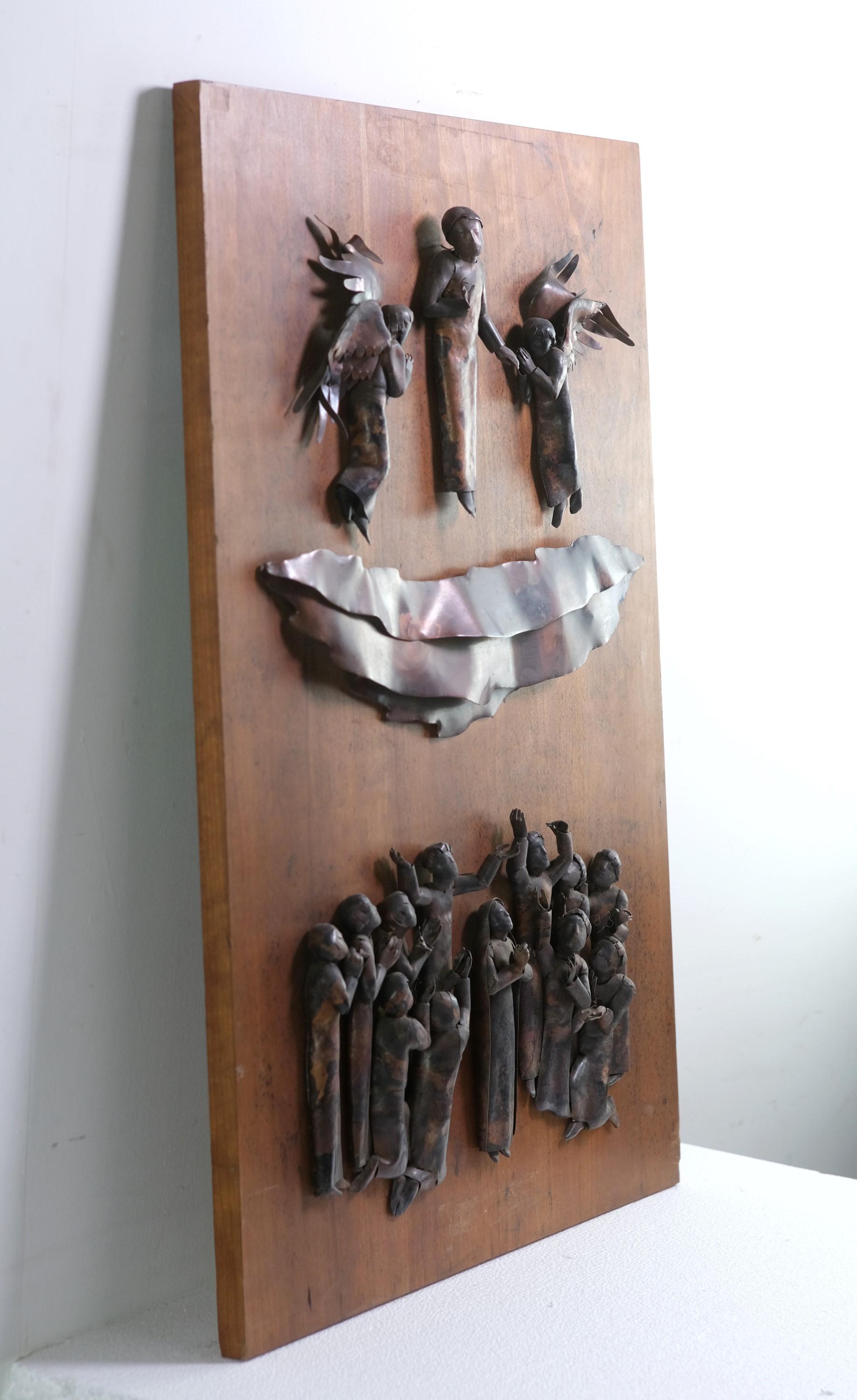 Modern Copper Ascension of Christ Mounted on Wood Panel Piece 1