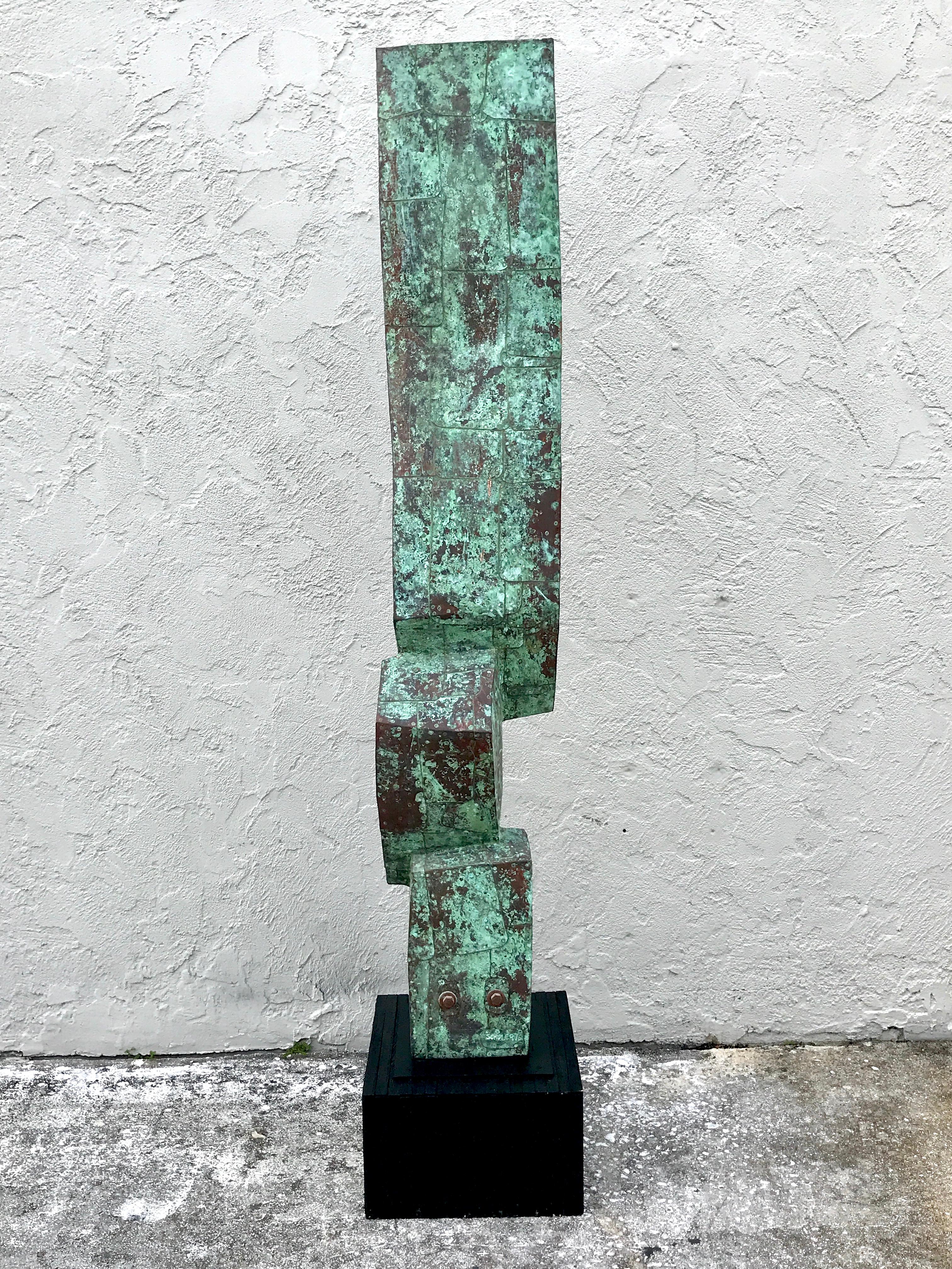 Modern Copper Clad Sculpture by Melvin Schuler
Melvin Albert Schuler, American, 1924- 2012
Painter and Sculptor 
A fine example of his series of large abstract sculptures using old growth redwood carved into abstract forms clad in copper and