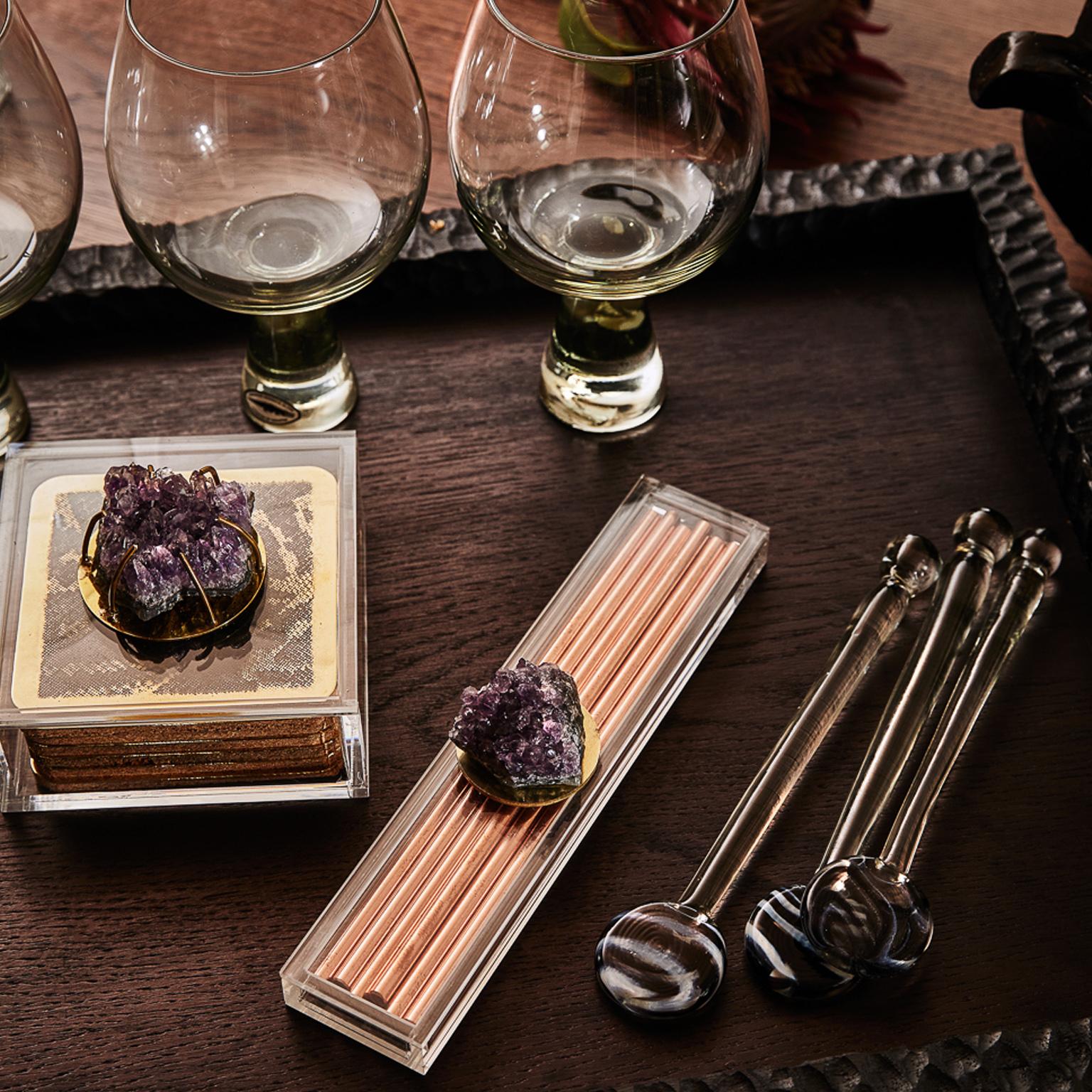 Modern Copper Straw Bar Set Presented in an Agate Decorated Lucite Box For Sale 4