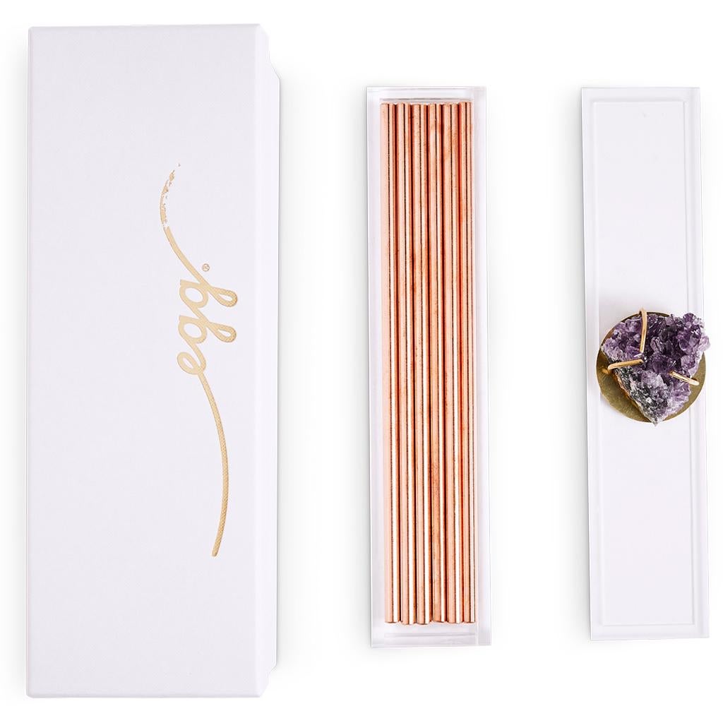 Polished Modern Copper Straw Bar Set Presented in an Agate Decorated Lucite Box For Sale