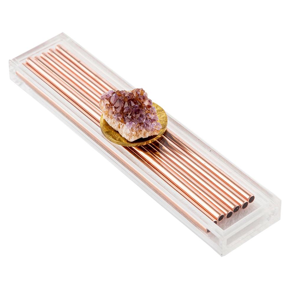 Modern Copper Straw Bar Set Presented in an Agate Decorated Lucite Box