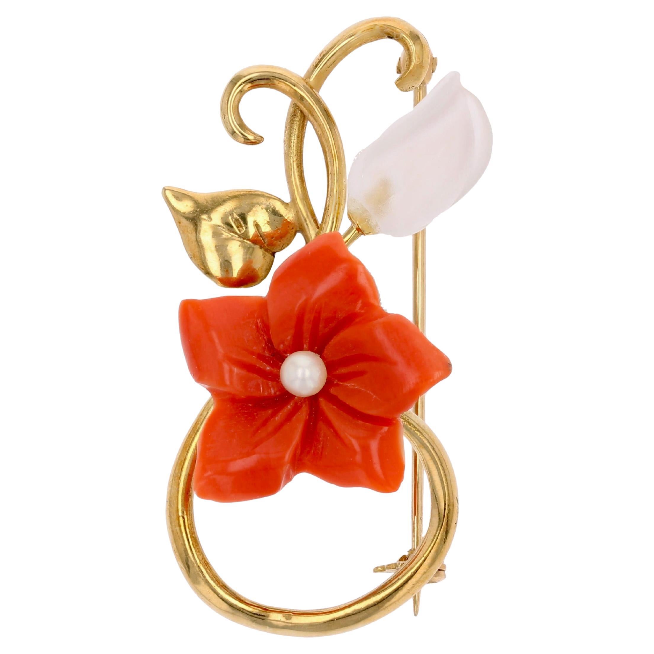 Modern Coral Cultured Pearl Rock Crystal 18 K Yellow Gold Flower Brooch