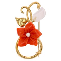 Modern Coral Cultured Pearl Rock Crystal 18 K Yellow Gold Flower Brooch
