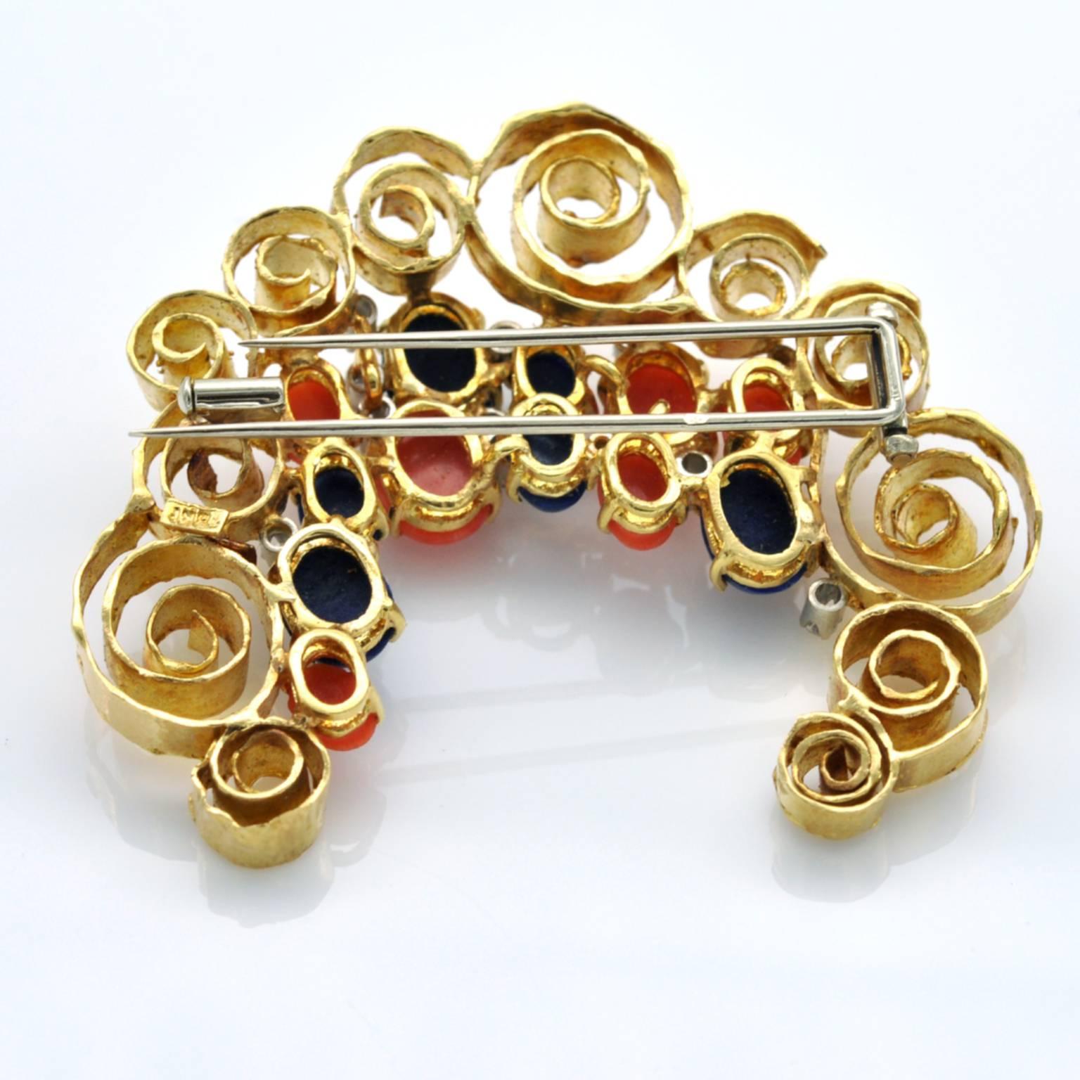 Modern 1970s Italian  Coral Lapis and Diamond 18 Karat Gold Crescent Brooch For Sale