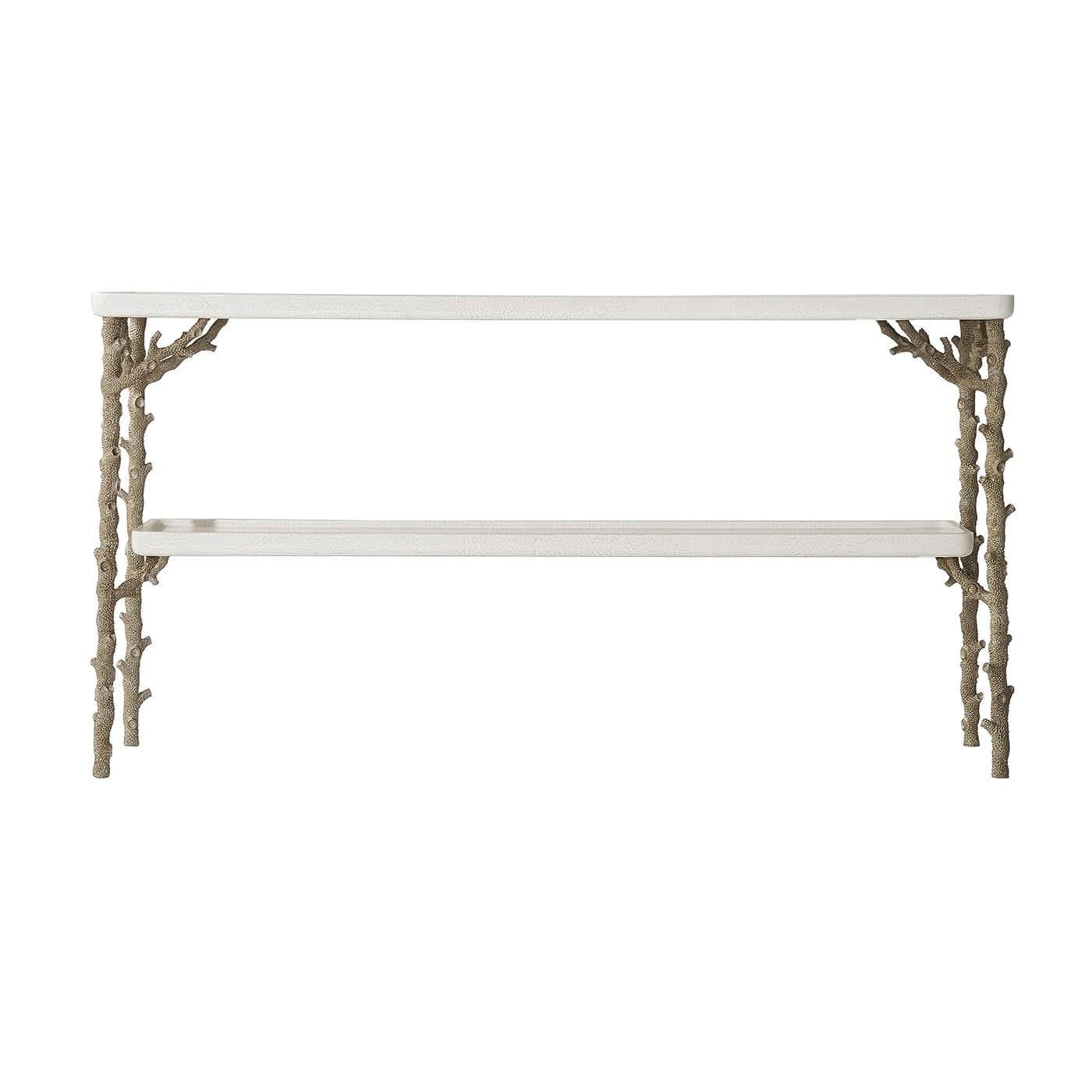 Modern mottled white eggshell inlaid tray top and undertier with champagne finished textured coral cast aluminum legs.
Dimensions: 62