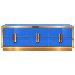 Modern Cornflower Blue Glass Sideboard with Sculptural Brass Handles, Italy
